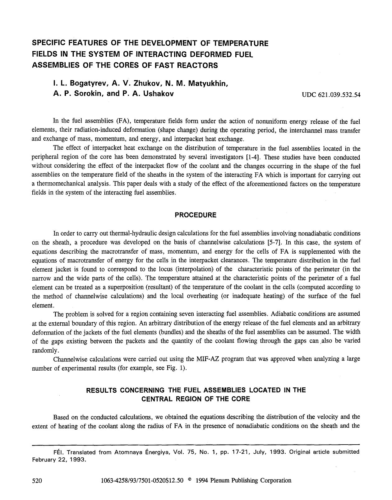 Specific features of the development of temperature fields in the system of interacting deformed fuel assemblies of the cores of fast reactors by Unknown