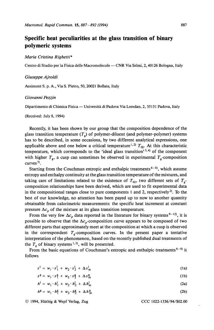 Specific heat peculiarities at the glass transition of binary polymeric systems by Unknown