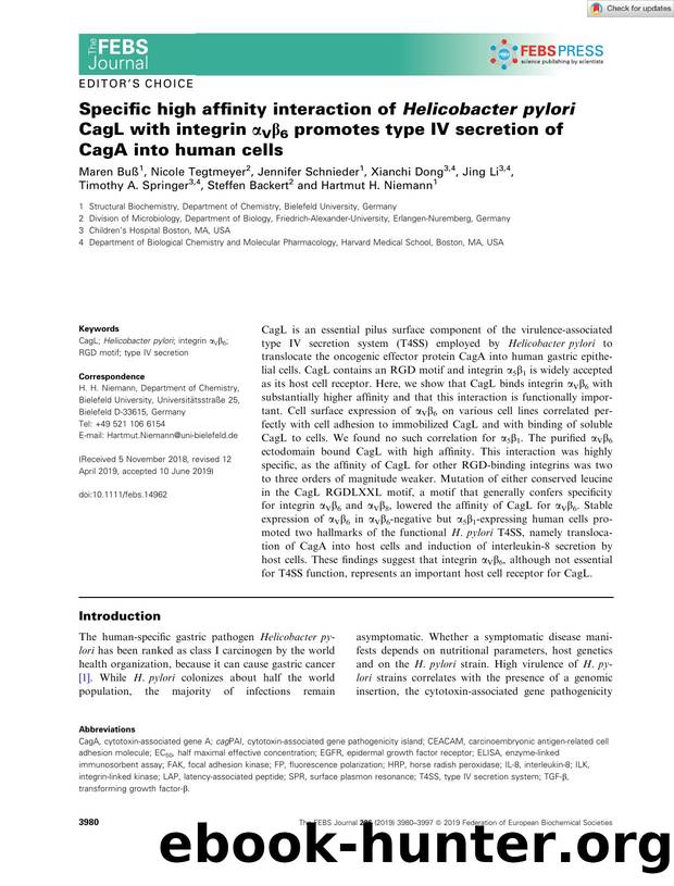 Specific high affinity interaction of HelicobacterÂ pylori CagL with integrin Î±VÎ²6 promotes type IV secretion of CagA into human cells by Unknown