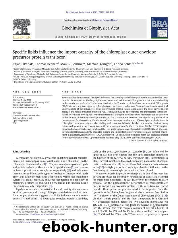 Specific lipids influence the import capacity of the chloroplast outer envelope precursor protein translocon by Rajae Elkehal & Thomas Becker & Maik S. Sommer & Martina Königer & Enrico Schleiff