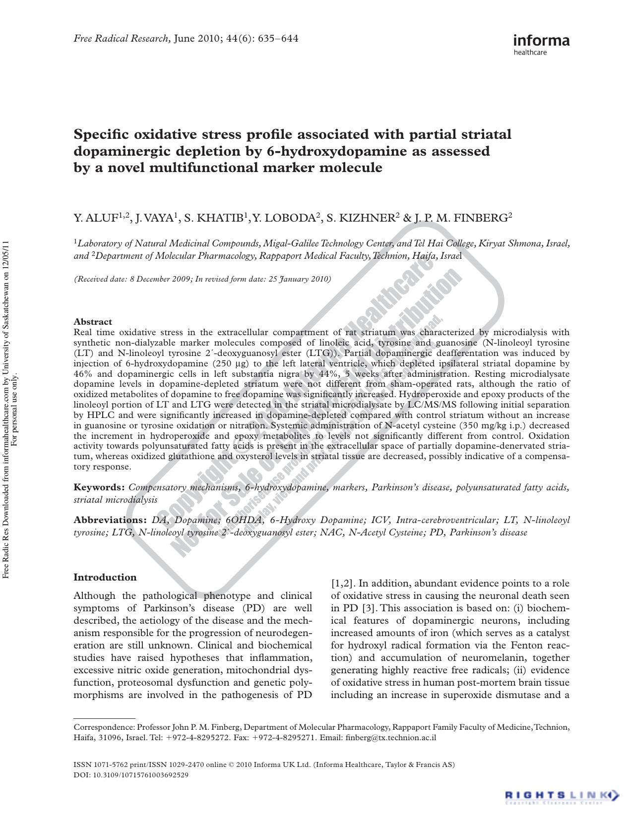 Specific oxidative stress profile associated with partial striatal dopaminergic depletion by 6-hydroxydopamine as assessed by a novel multifunctional marker molecule by unknow