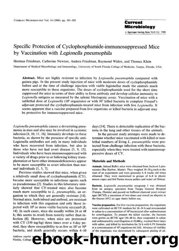 Specific protection of cyclophosphamide-immunosuppressed mice by vaccination with <Emphasis Type="Italic">Legionella pneumophila <Emphasis> by Unknown