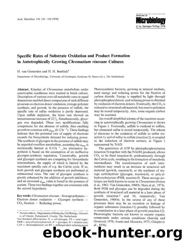 Specific rates of substrate oxidation and product formation in autotrophically growing <Emphasis Type="Italic">Chromatium vinosum <Emphasis> cultures by Unknown