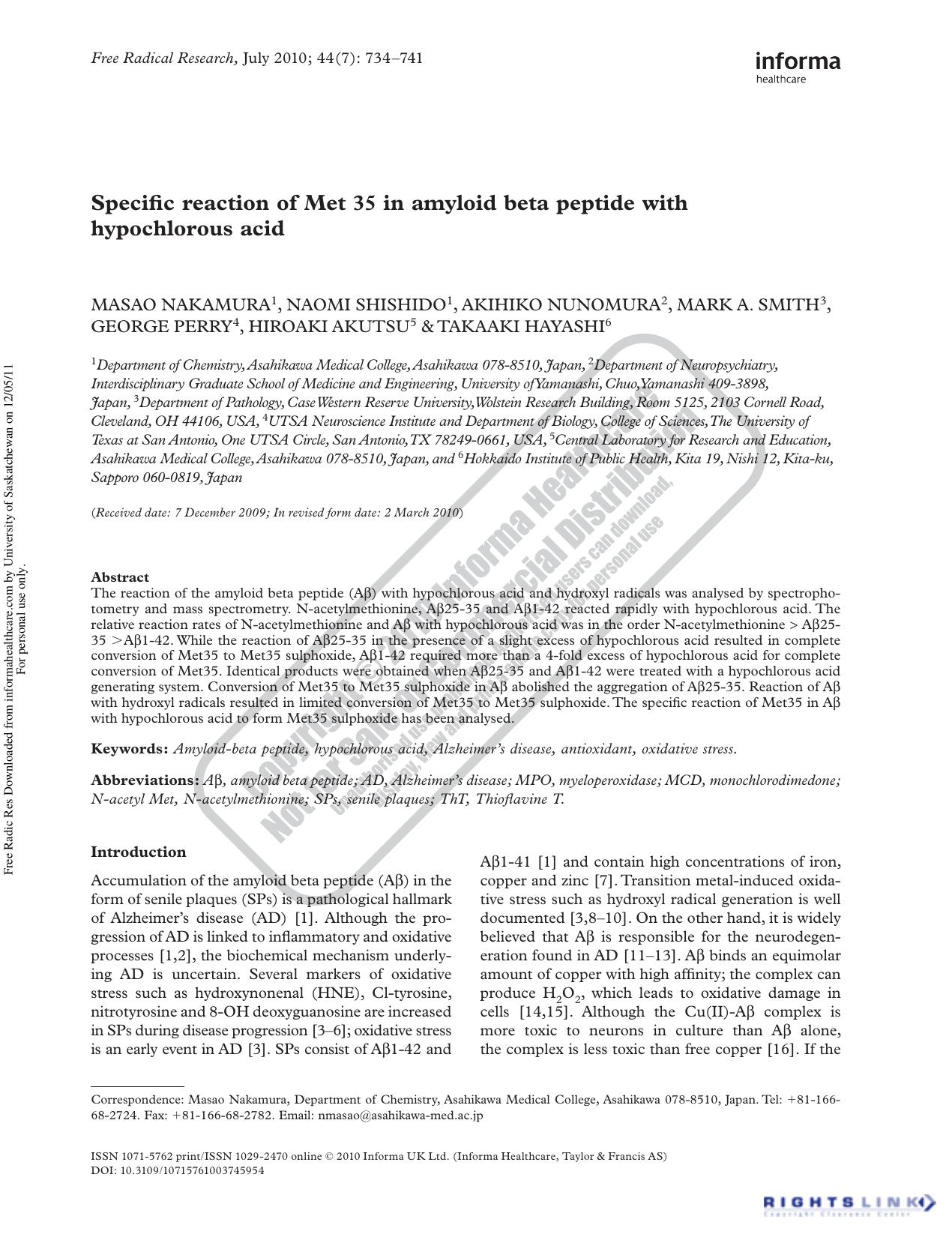 Specific reaction of Met 35 in amyloid beta peptide with hypochlorous acid by unknow