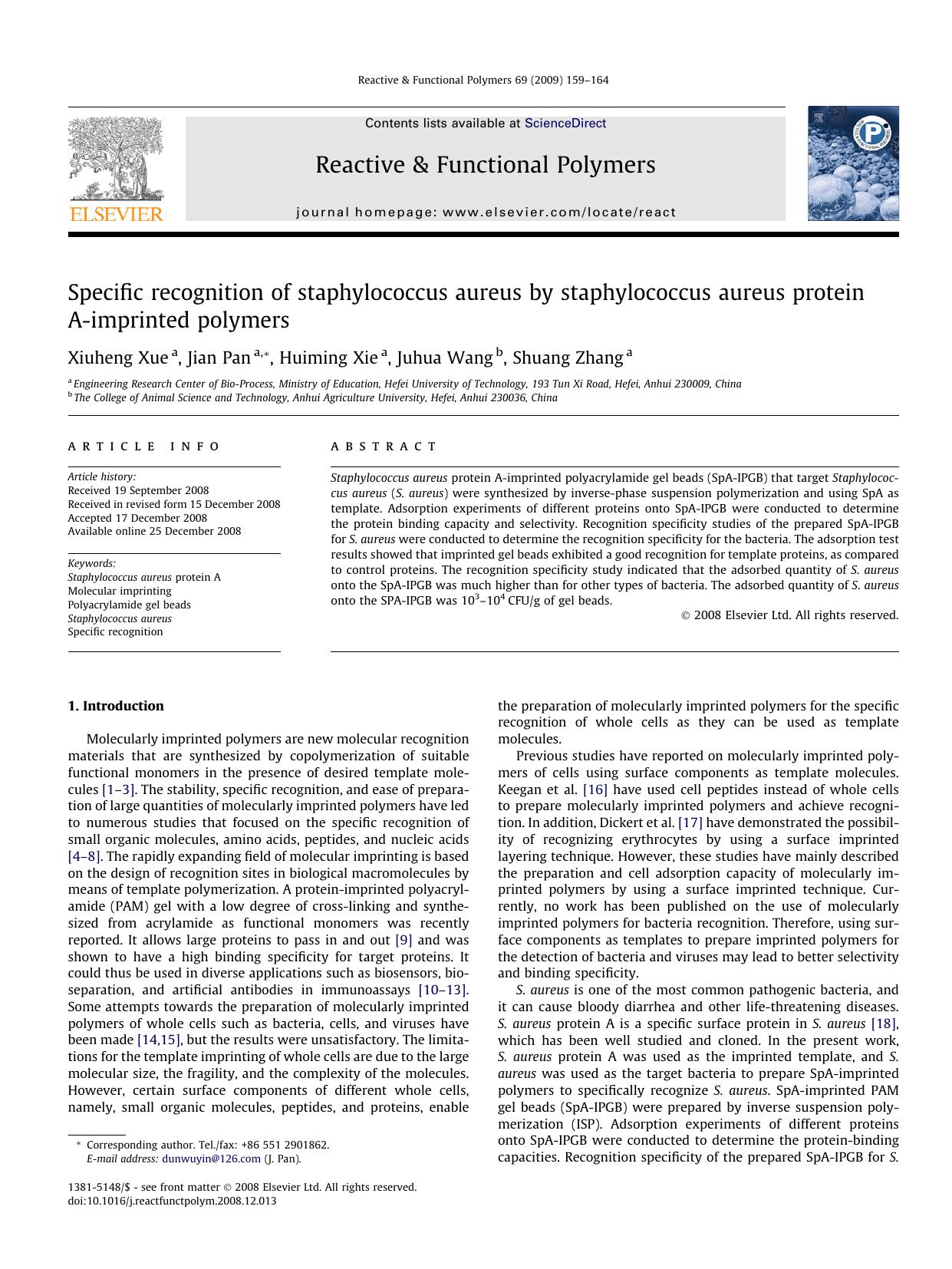 Specific recognition of staphylococcus aureus by staphylococcus aureus protein A-imprinted polymers by Xiuheng Xue; Jian Pan; Huiming Xie; Juhua Wang; Shuang Zhang