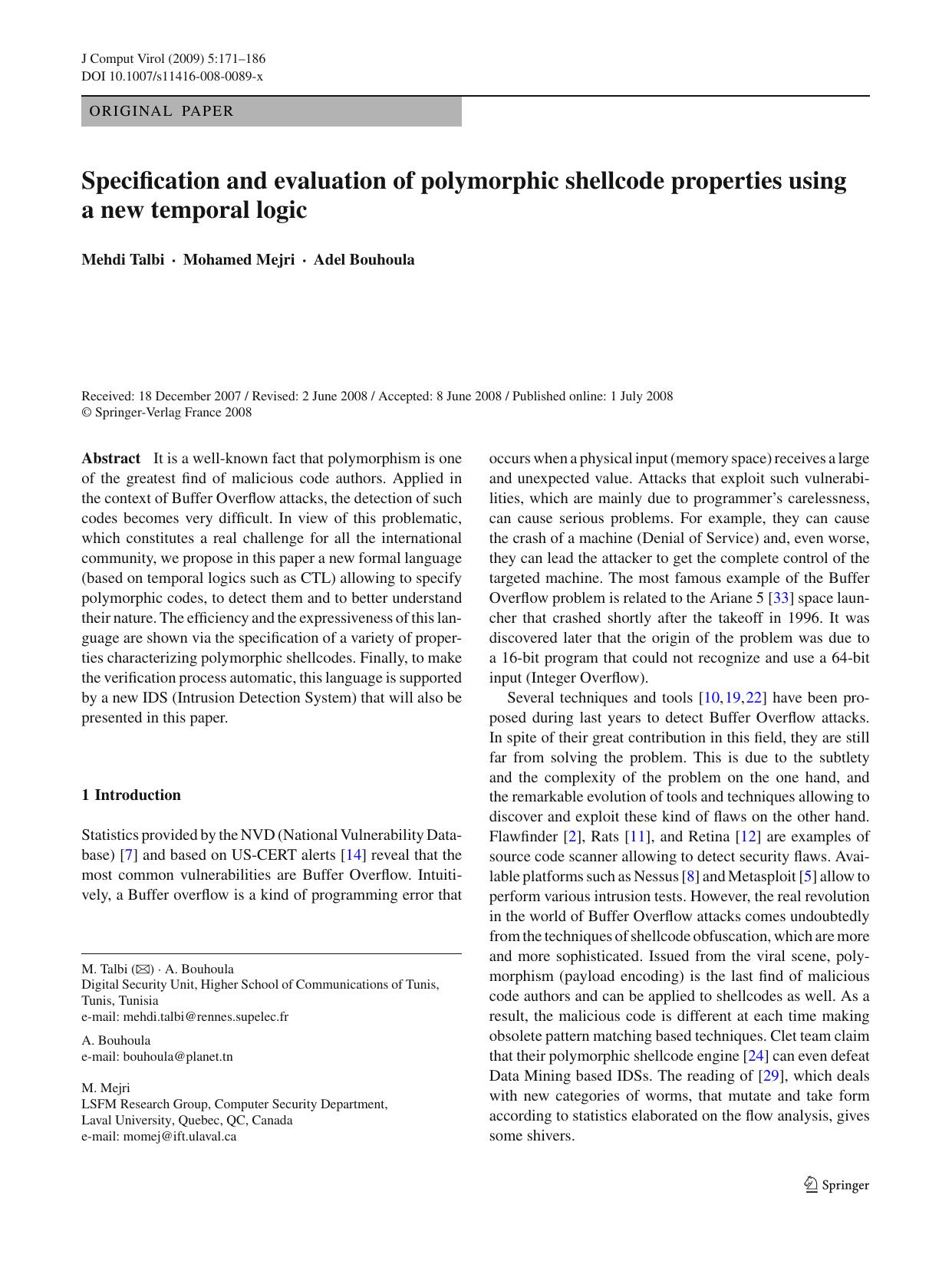 Specification and evaluation of polymorphic shellcode properties using a new temporal logic by Unknown