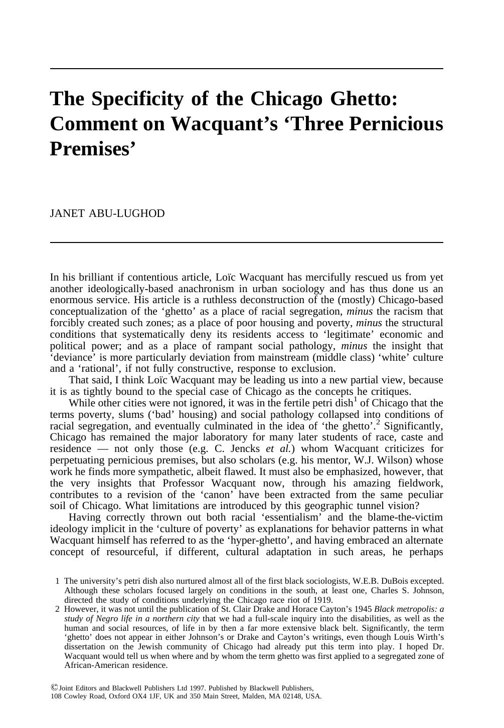 Specificity Of The Chicago Ghetto [Comment on Wacquant's 'Three Pernicious Premises'] by Unknown