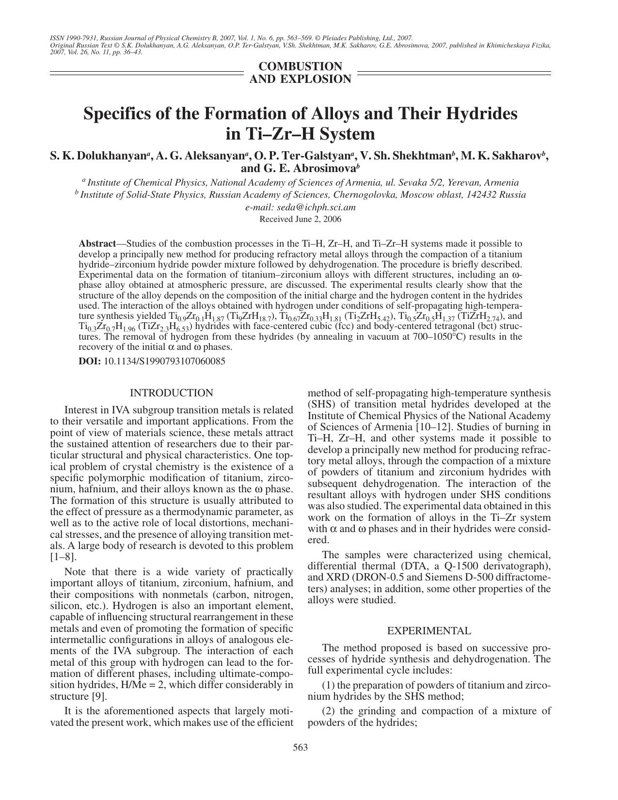 Specifics of the formation of alloys and their hydrides in Ti-Zr-H system by Unknown