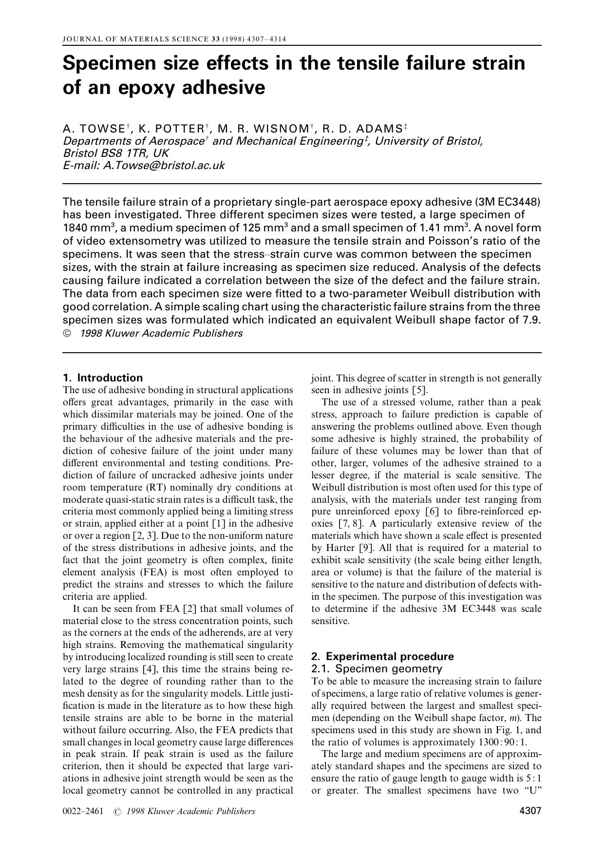 Specimen size effects in the tensile failure strain of an epoxy adhesive by A. TOWSE K. POTTER M. R. WISNOM R. D. ADAMS