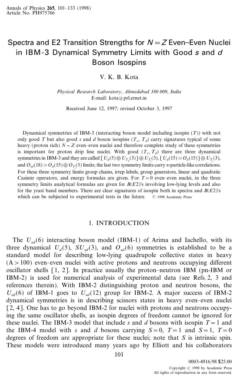 Spectra and E2 Transition Strengths for N=Z EvenâEven Nuclei in IBM-3 Dynamical Symmetry Limits with Good s and d Boson Isospins by Kota V. K. B