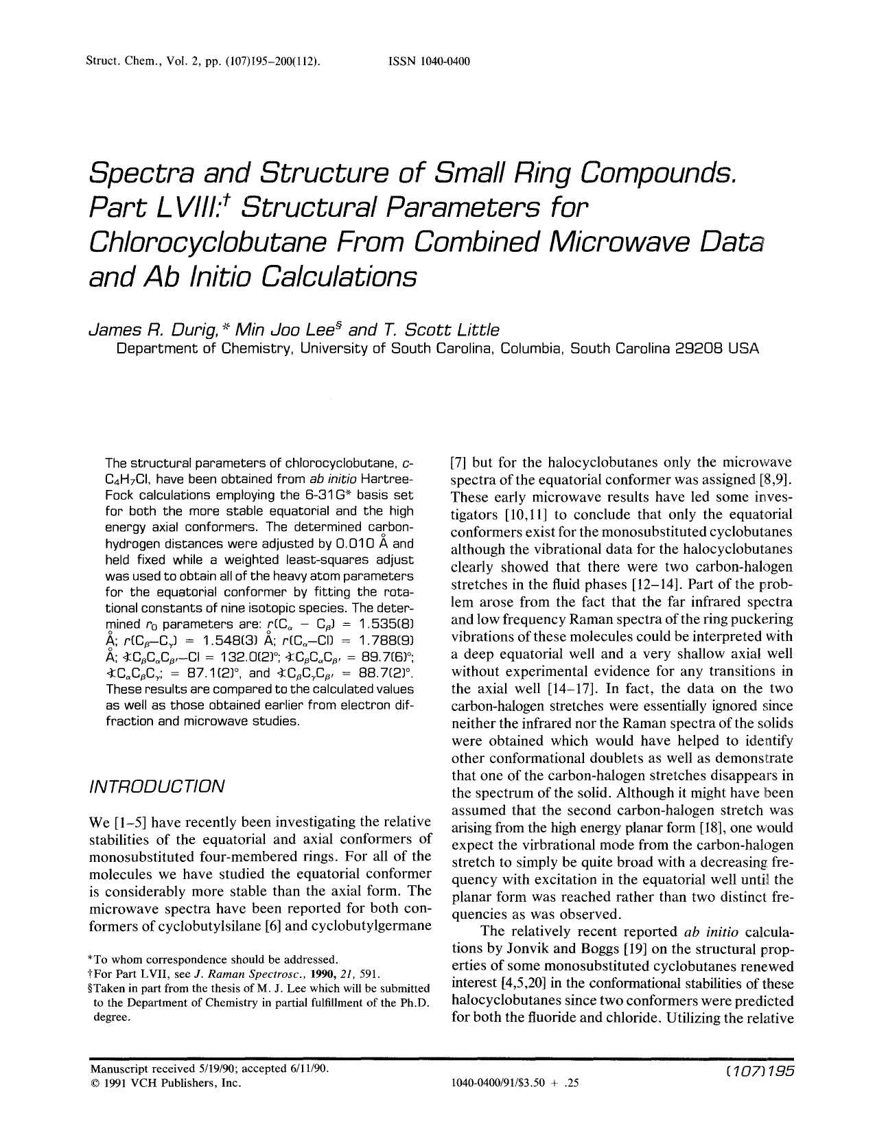 Spectra and structure of small ring compounds. Part L VIII: Structural parameters for chlorocyclobutane from combined microwave data and ab initio calculations by Unknown