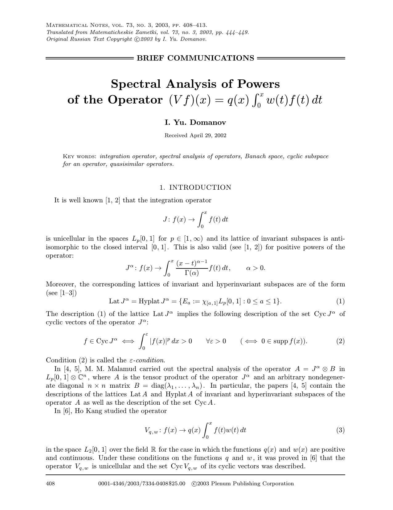 Spectral Analysis of Powers of the Operator (Vf)(x)=q(x)∫<Subscript>0<Subscript> <Superscript>x<Superscript>w(t)f(t),dt by Unknown
