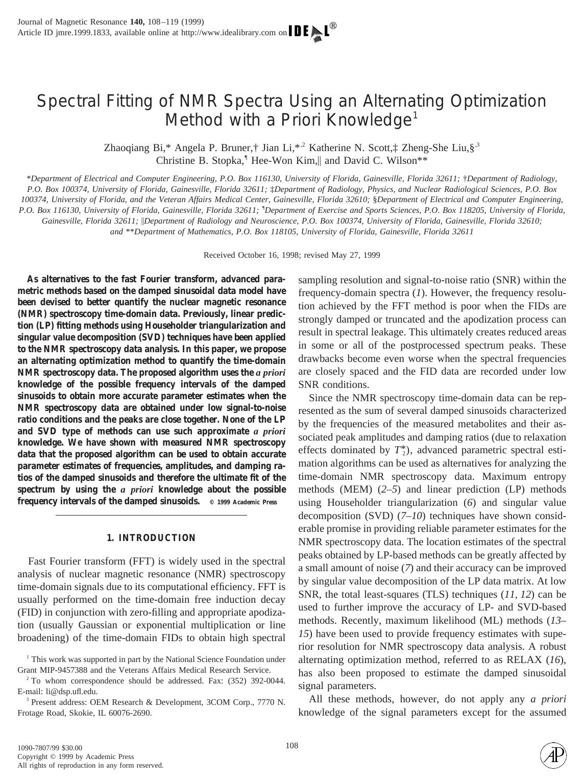 Spectral Fitting of NMR Spectra Using an Alternating Optimization Method with a Priori Knowledge by Bi Z. et al