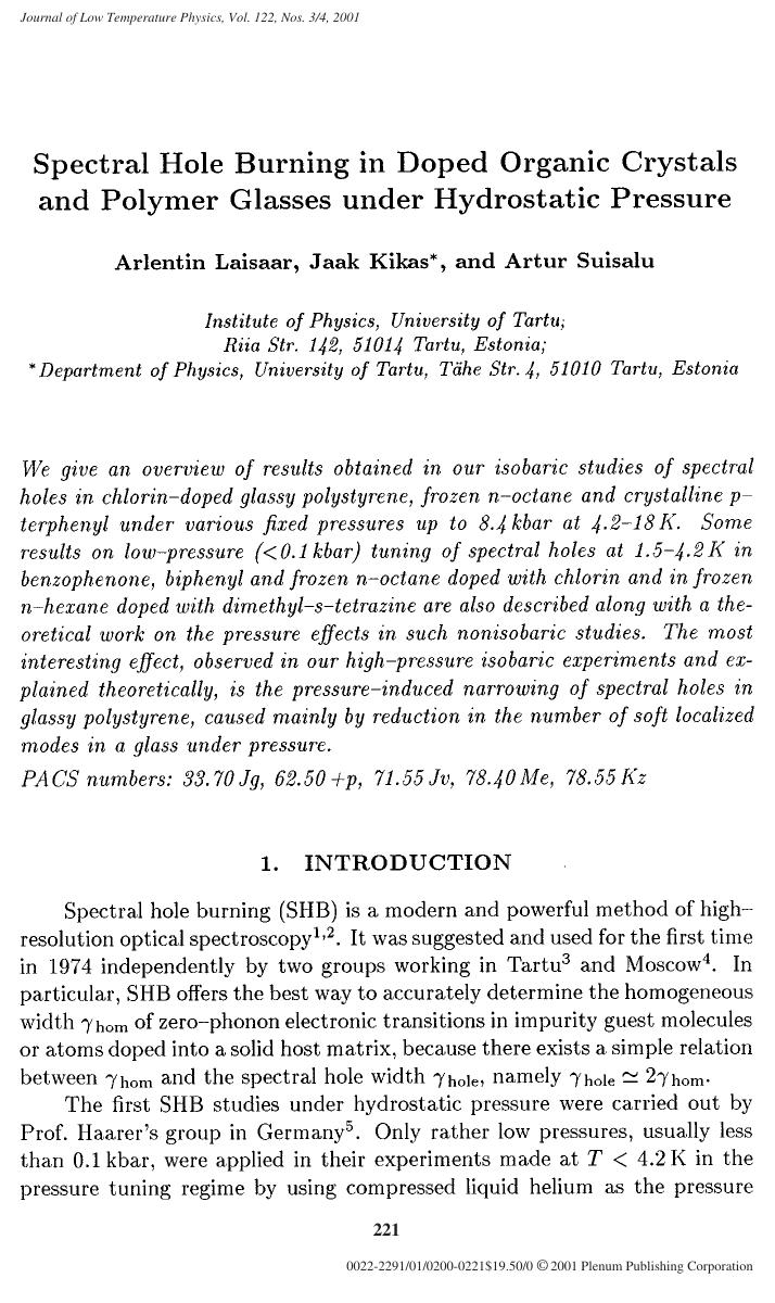 Spectral Hole Burning in Doped Organic Crystals and Polymer Glasses under Hydrostatic Pressure by Unknown