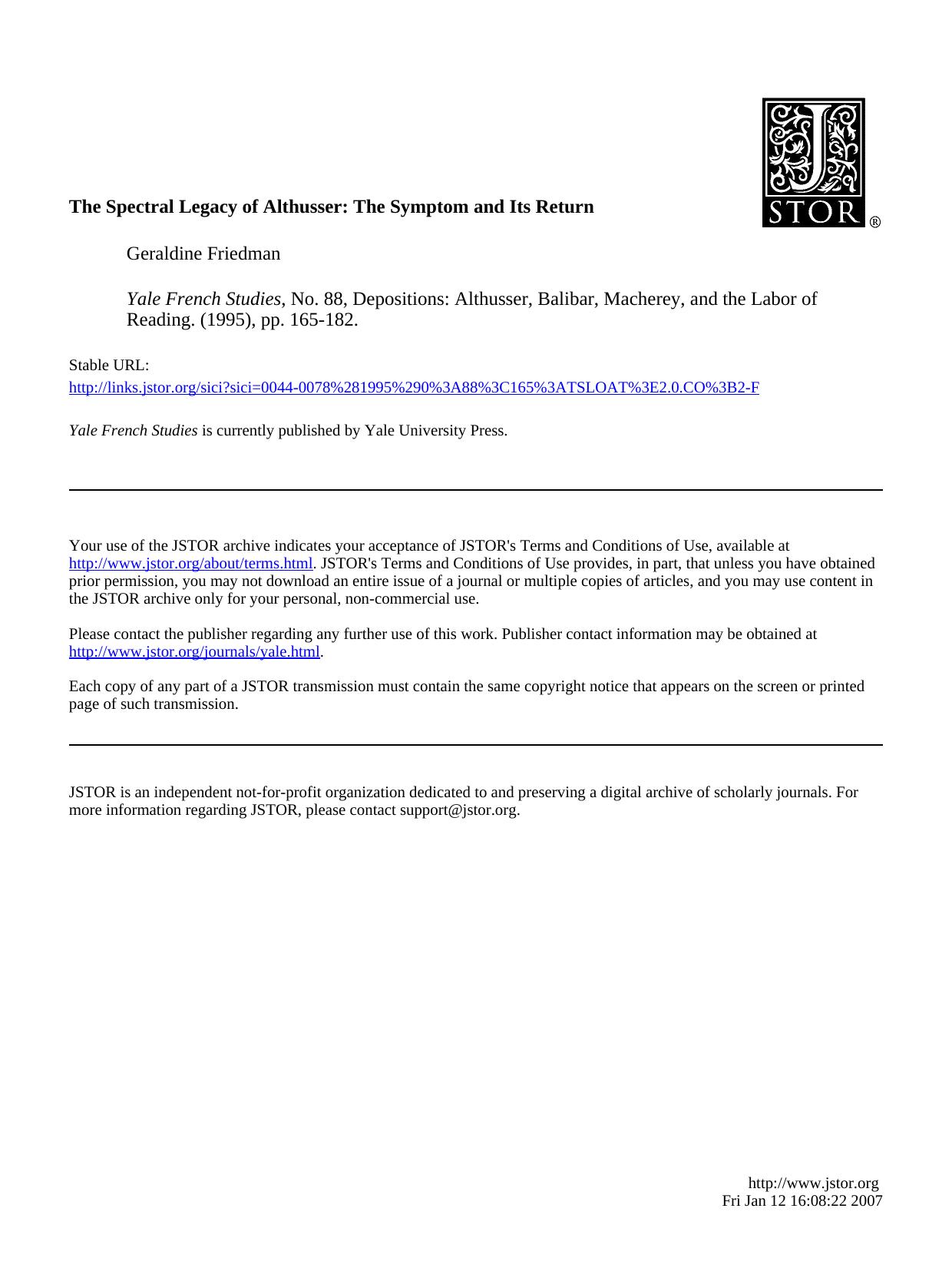 Spectral Legacy Of Althusser [The Symptom And Its Return] by Unknown