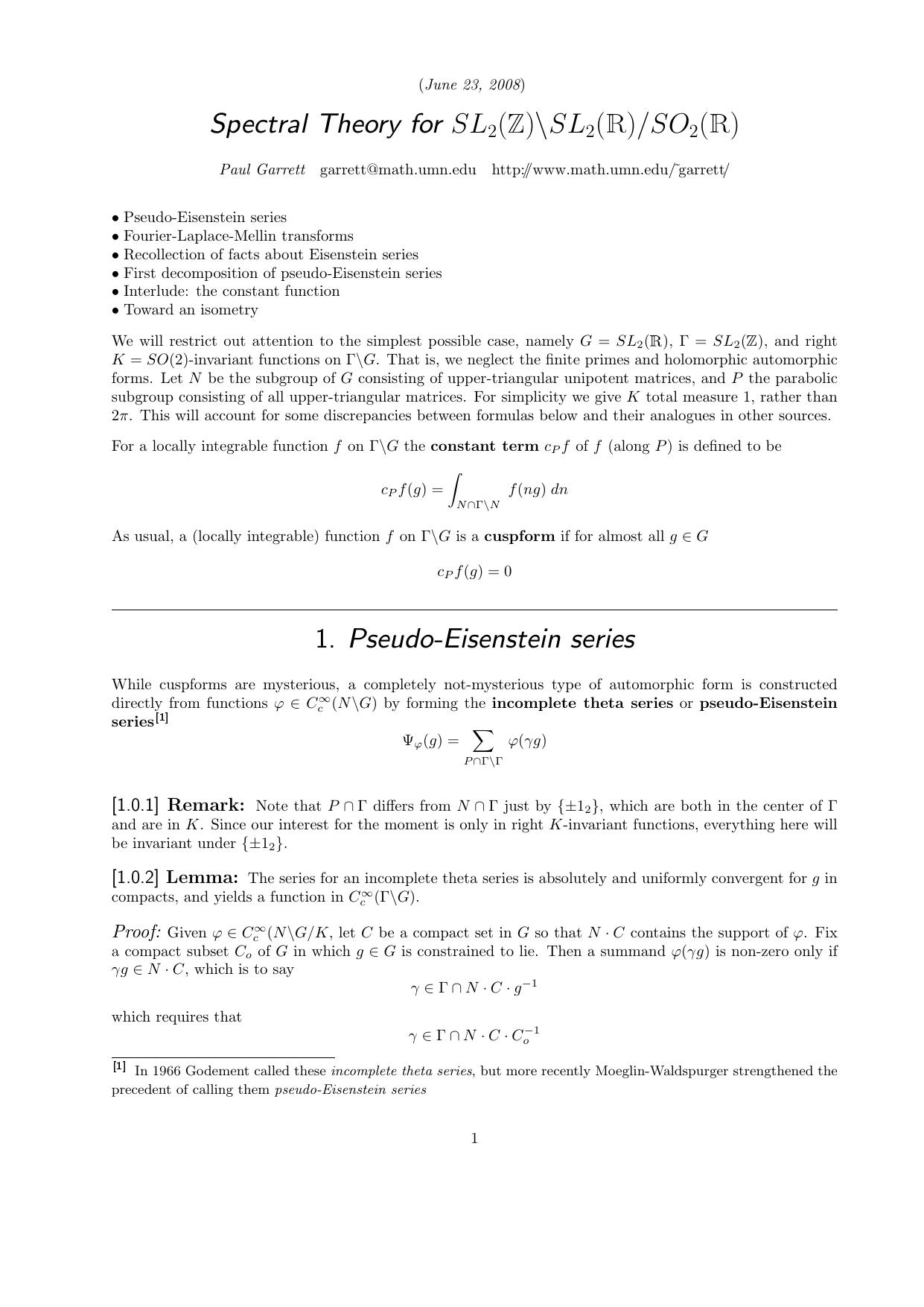 Spectral Theory for SL2(Z)\SL2(R)/SO2(R) by Garrett P