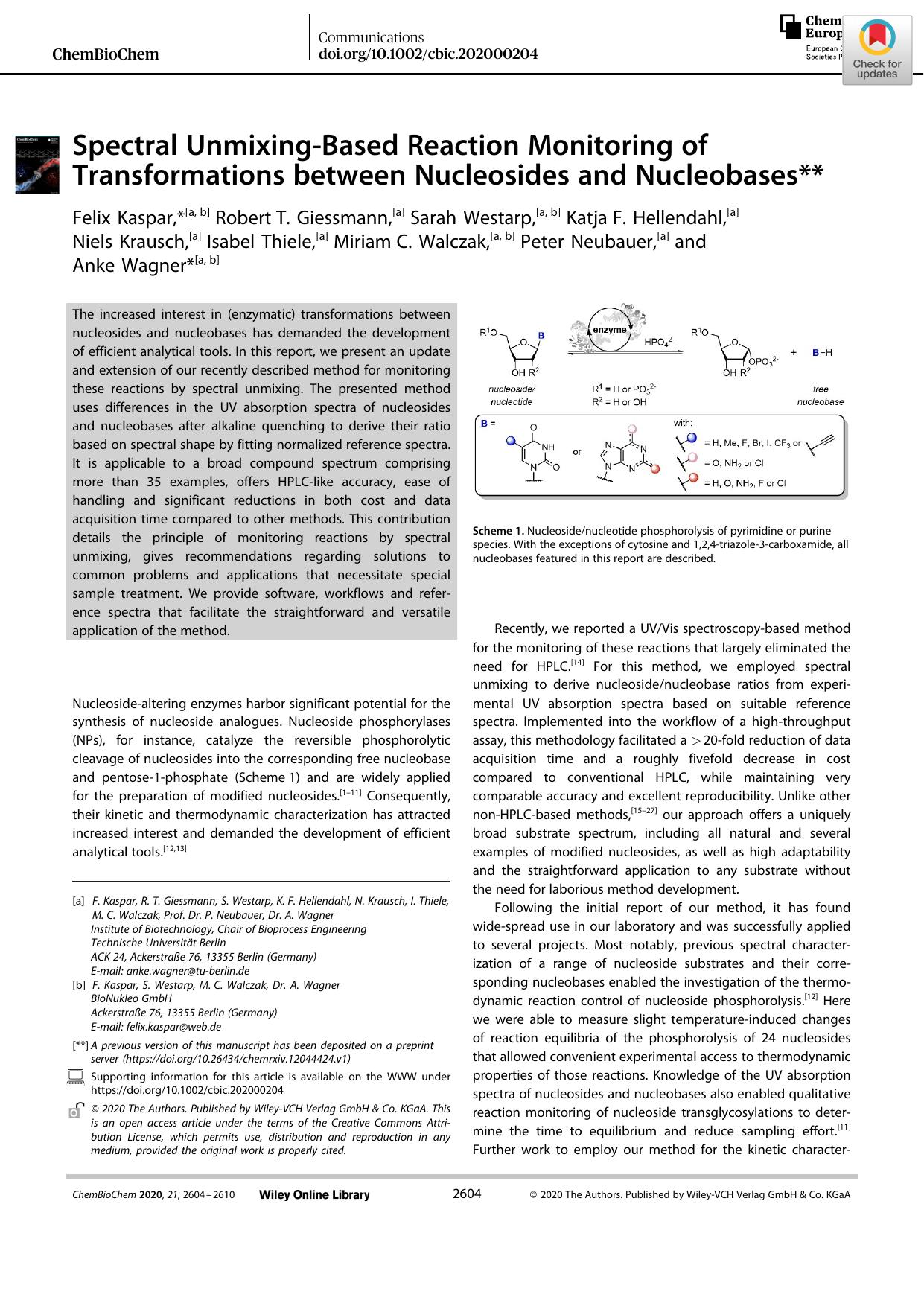 Spectral UnmixingâBased Reaction Monitoring of Transformations between Nucleosides and Nucleobases by Unknown