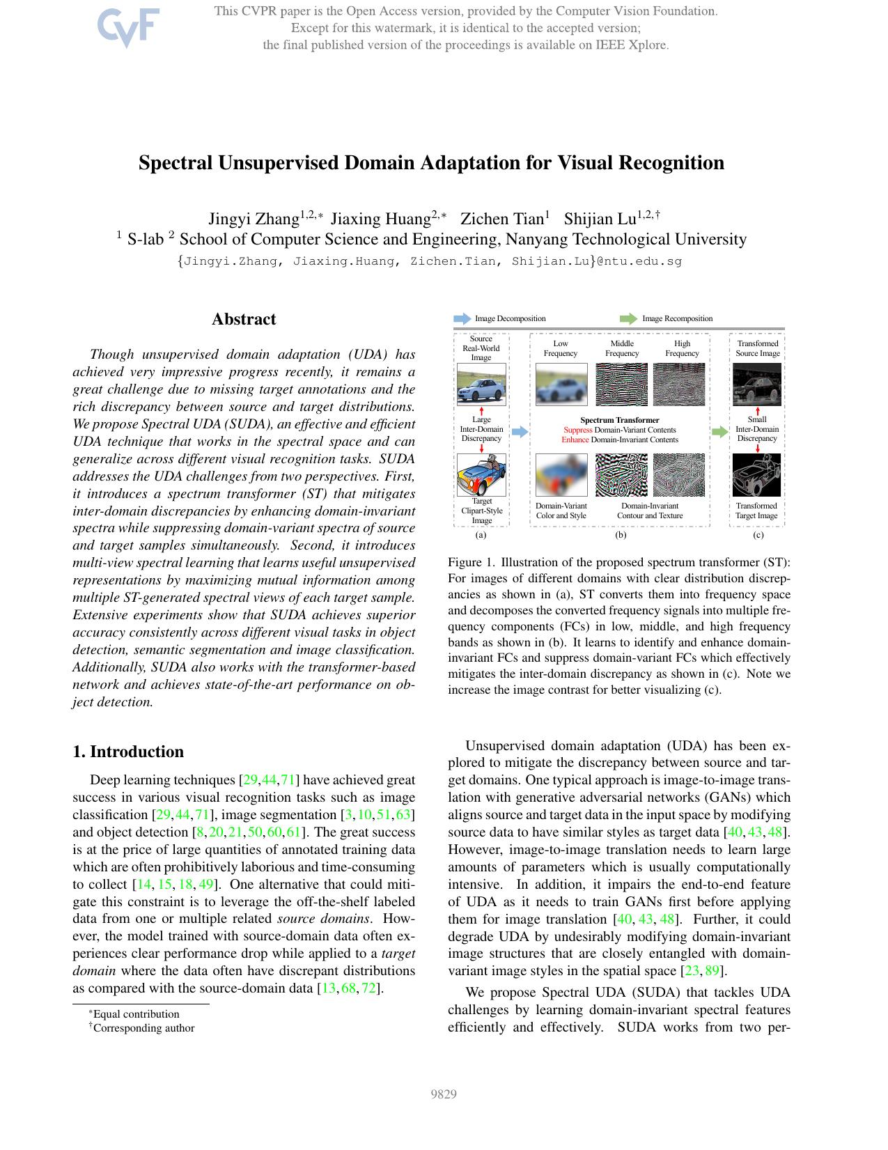Spectral Unsupervised Domain Adaptation for Visual Recognition by Jingyi Zhang & Jiaxing Huang & Zichen Tian & Shijian Lu
