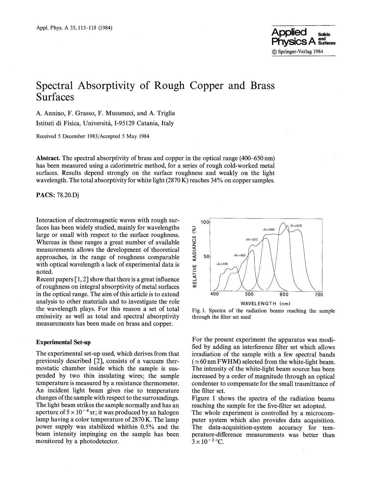 Spectral absorptivity of rough copper and brass surfaces by Unknown