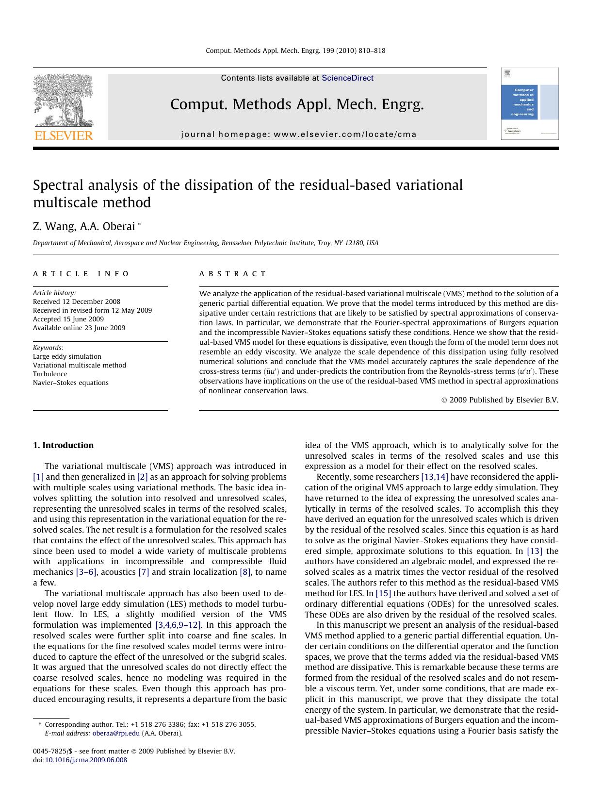 Spectral analysis of the dissipation of the residual-based variational multiscale method by Z. Wang; A.A. Oberai