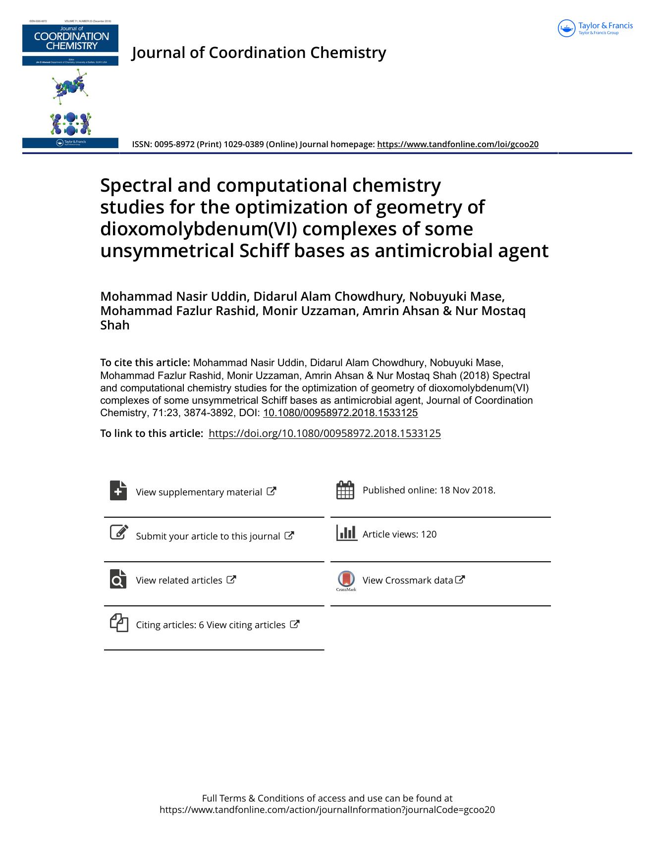 Spectral and computational chemistry studies for the optimization of geometry of dioxomolybdenum(VI) complexes of some unsymmetrical Schiff bases as antimicrobial agent by unknow