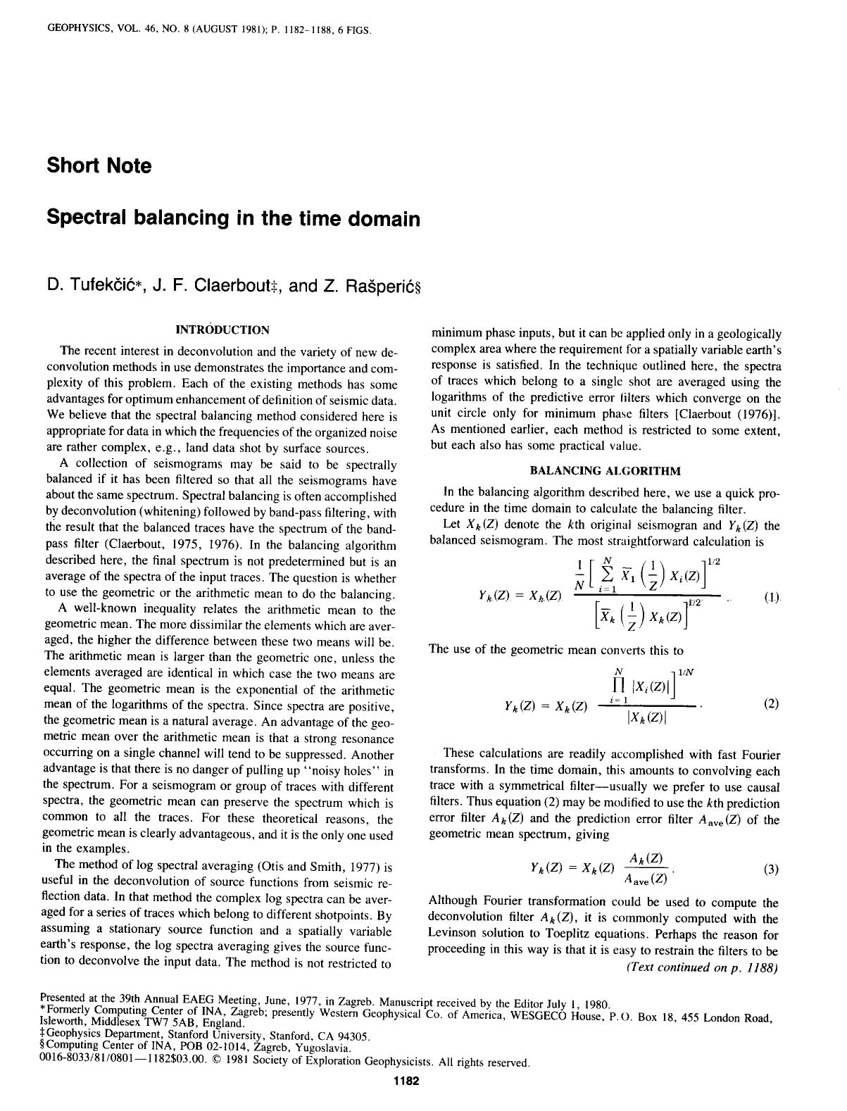 Spectral balancing in the time domain: SHORT NOTE by Tufekcic D.; Claerbout J. F.; Rasperic Z