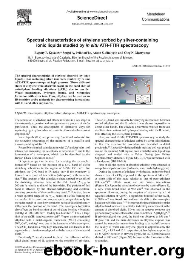 Spectral characteristics of ethylene sorbed by silver-containing ionic liquids studied by in situ ATR-FTIR spectroscopy by Evgeny P. Kovalev & Sergei A. Prikhod'ko & Anton S. Shalygin & Oleg N. Martyanov
