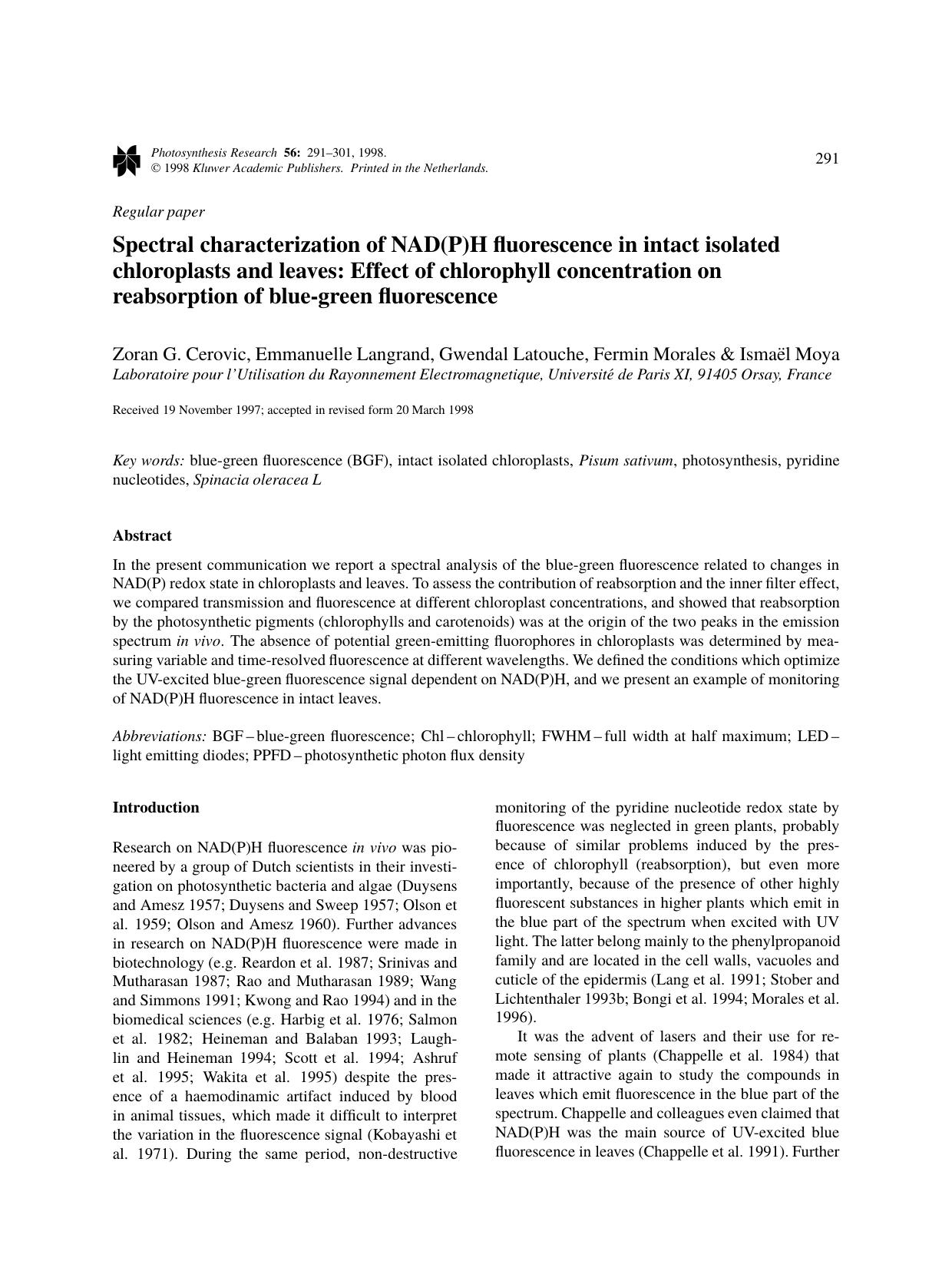 Spectral characterization of NAD(P)H fluorescence in intact isolated chloroplasts and leaves: Effect of chlorophyll concentration on reabsorption of blue-green fluorescence by Unknown