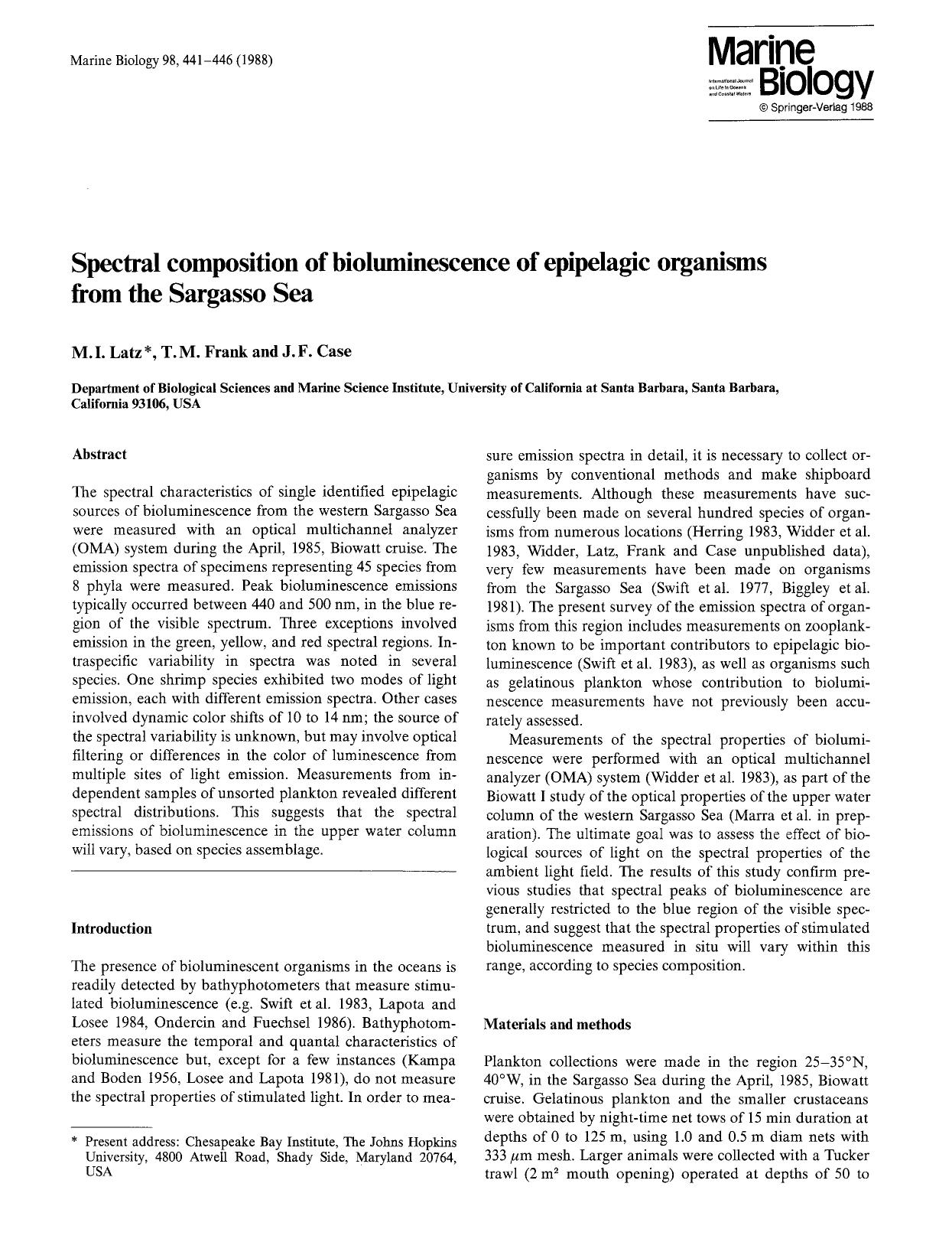 Spectral composition of bioluminescence of epipelagic organisms from the Sargasso Sea by Unknown