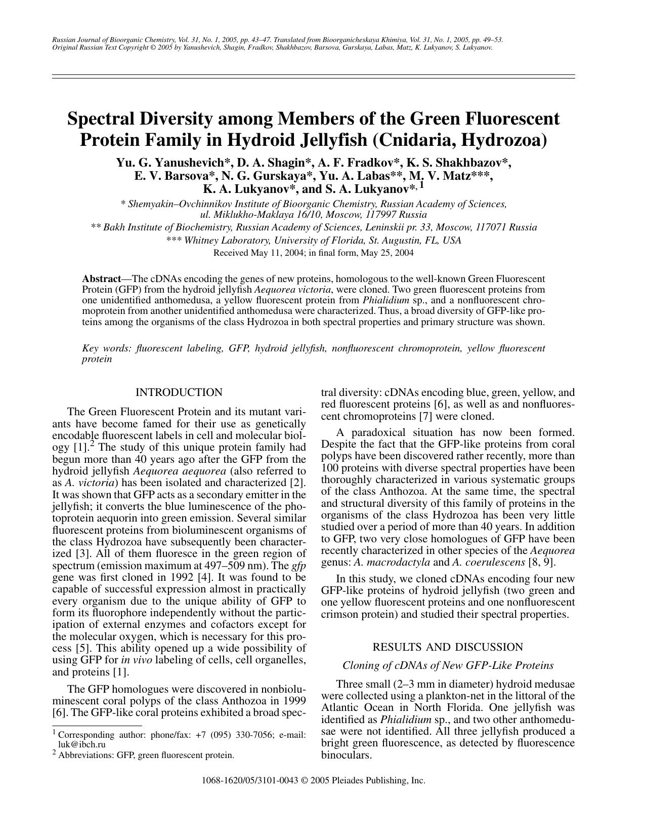Spectral diversity among members of the green fluorescent protein family in hydroid jellyfish (Cnidaria, Hydrozoa) by Unknown