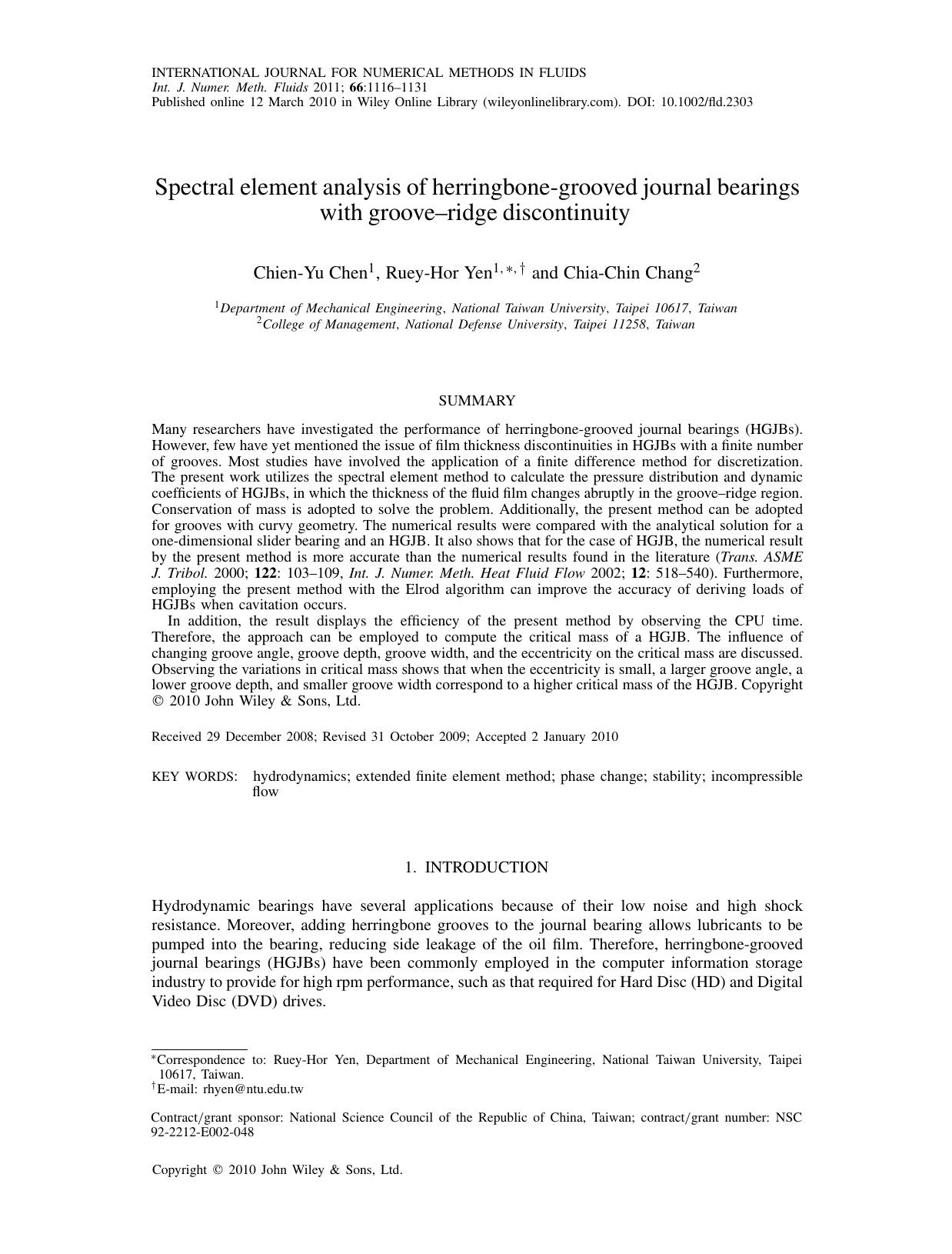 Spectral element analysis of herringbonegrooved journal bearings with grooveridge discontinuity by Unknown