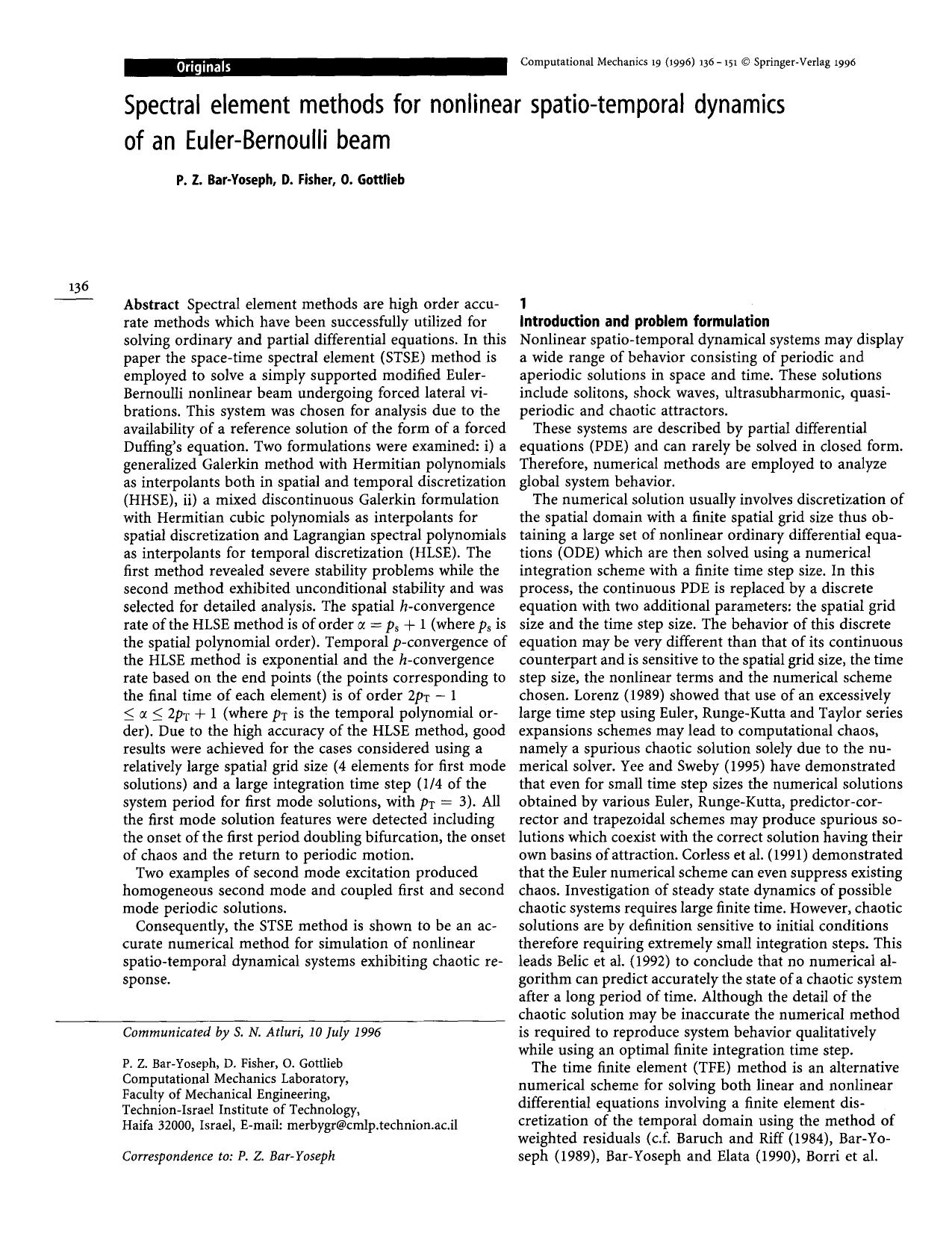 Spectral element methods for nonlinear spatio-temporal dynamics of an Euler-Bernoulli beam by Unknown