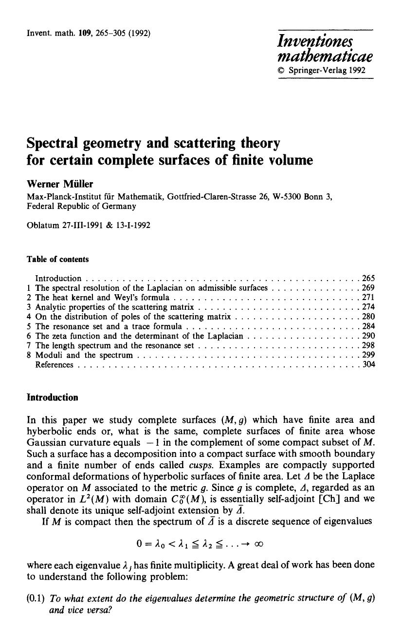 Spectral geometry and scattering theory for certain complete surfaces of finite volume by Unknown