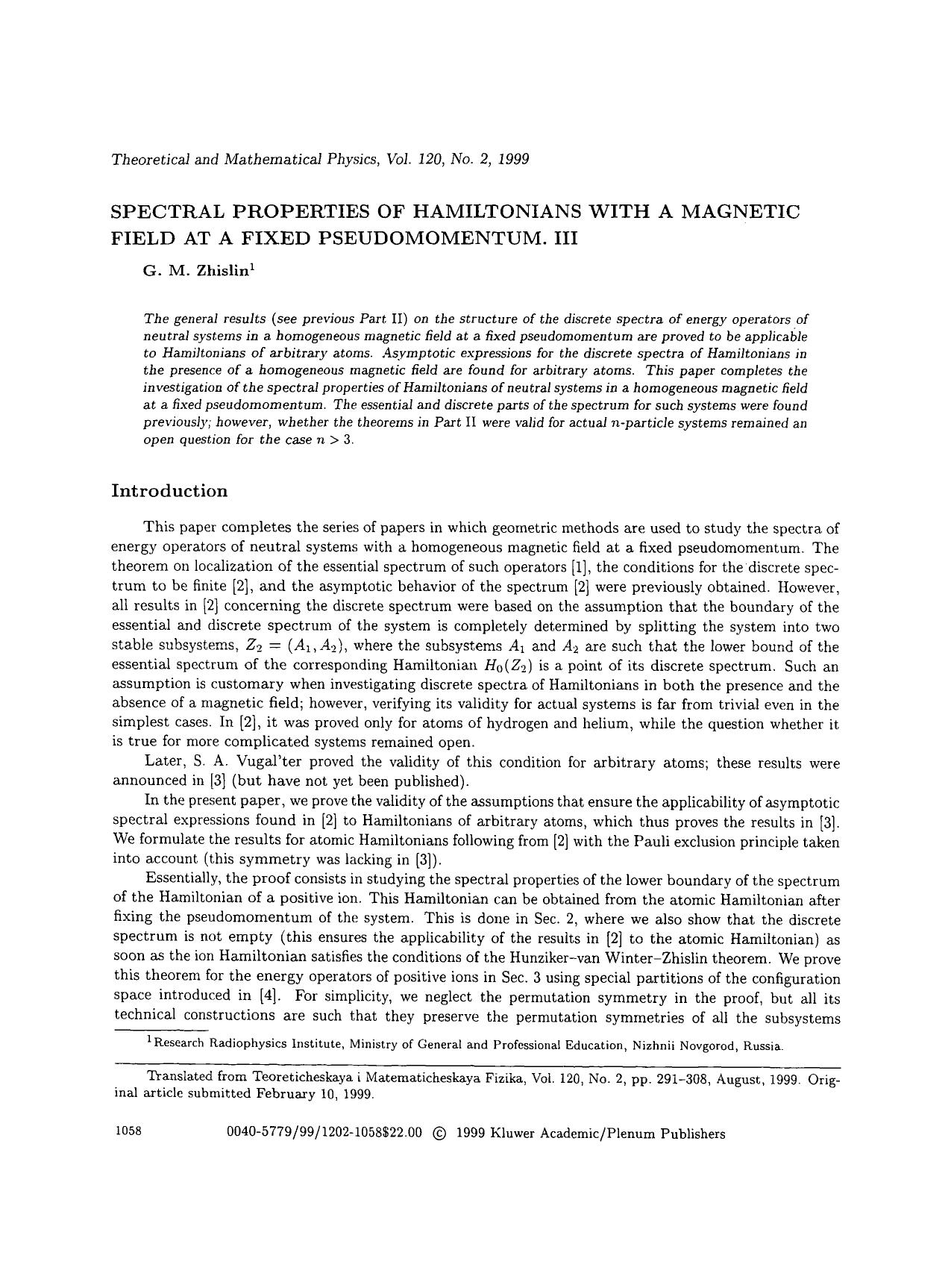 Spectral properties of Hamiltonians with a magnetic field at a fixed pseudomomentum. III by Unknown
