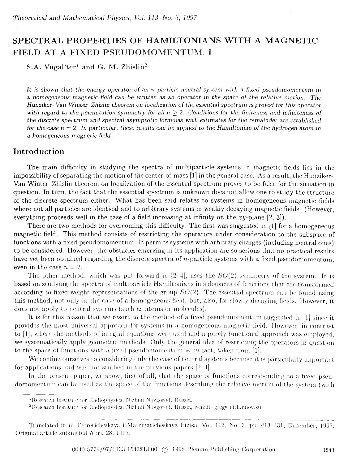 Spectral properties of hamiltonians with a magnetic field at a fixed pseudomomentum. I by Unknown
