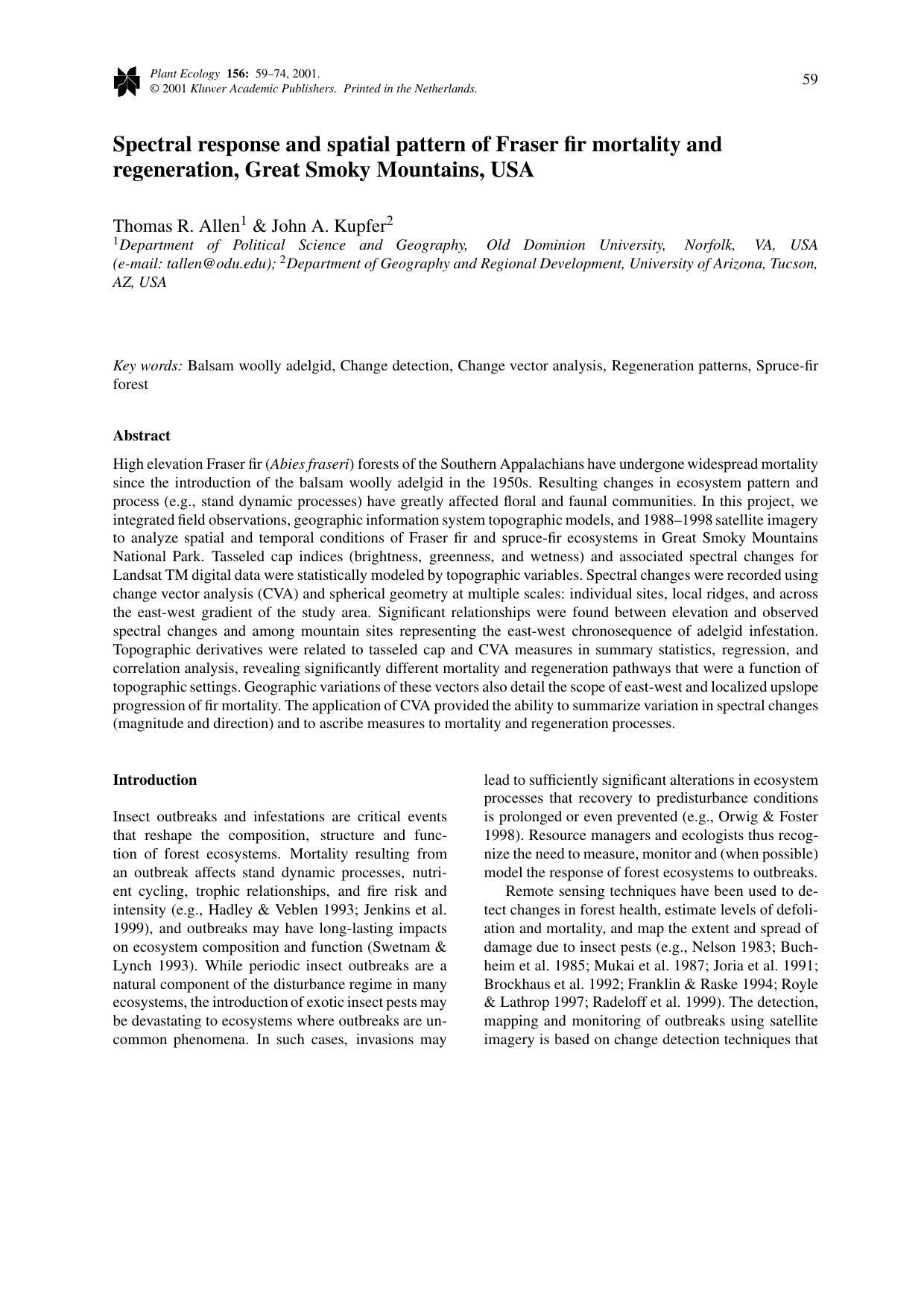 Spectral response and spatial pattern of Fraser fir mortality and regeneration, Great Smoky Mountains, USA by Unknown