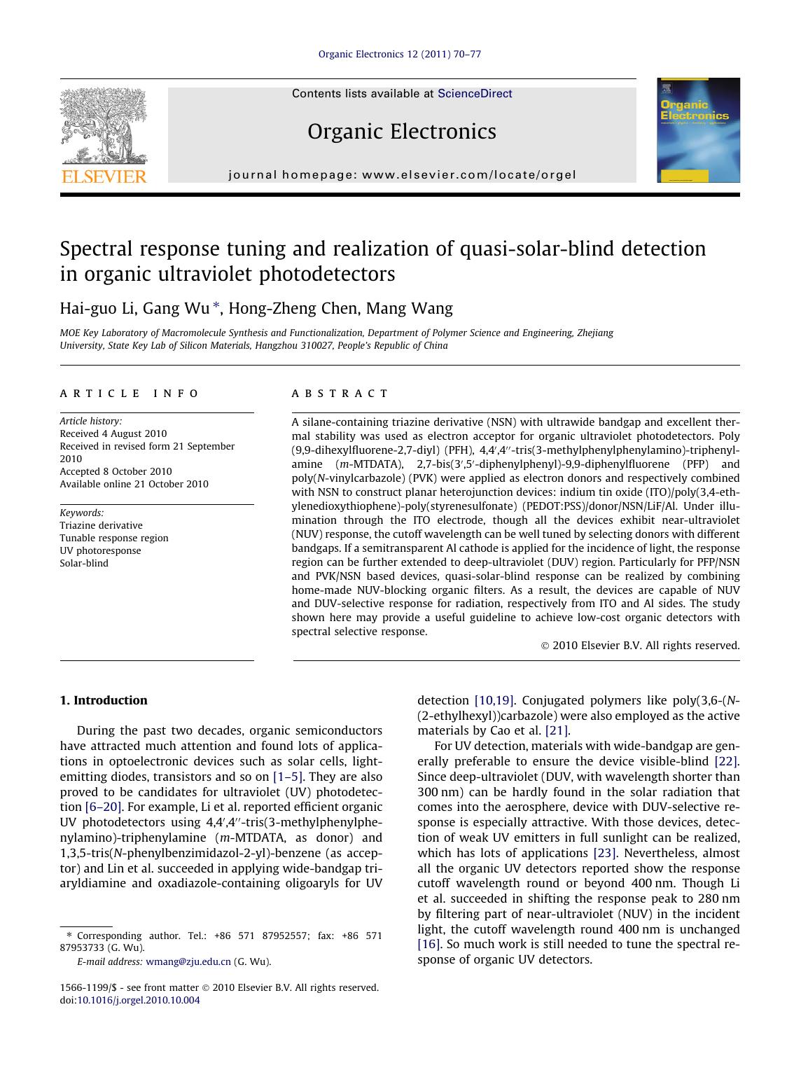 Spectral response tuning and realization of quasi-solar-blind detection in organic ultraviolet photodetectors by Hai-guo Li & Gang Wu & Hong-Zheng Chen & Mang Wang