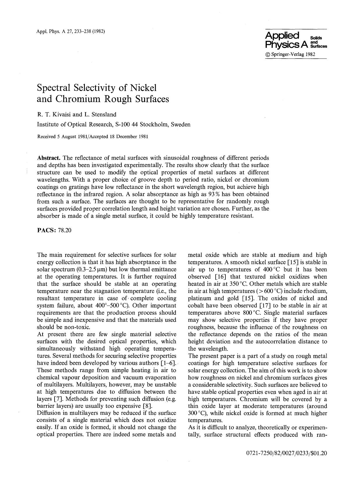 Spectral selectivity of nickel and chromium rough surfaces by Unknown