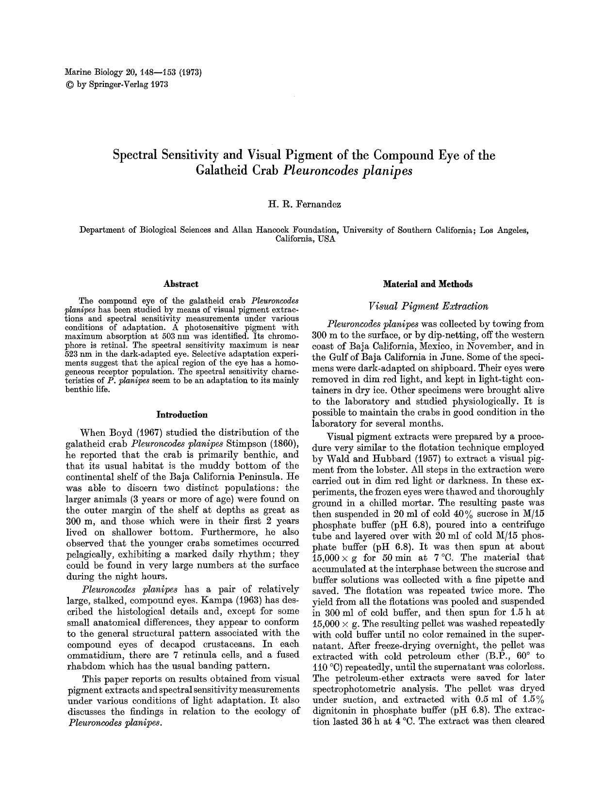 Spectral sensitivity and visual pigment of the compound eye of the galatheid crab <Emphasis Type="Italic">Pleuroncodes planipes<Emphasis> by Unknown