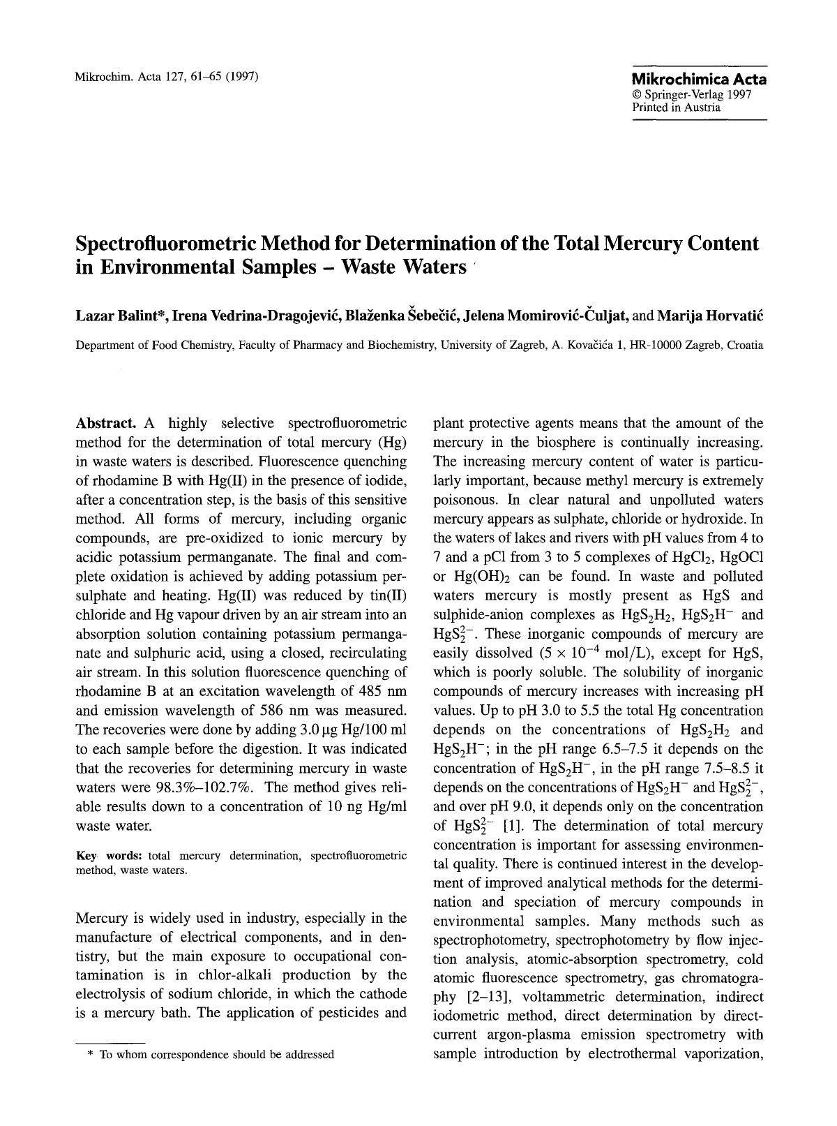Spectrofluorometric method for determination of the total mercury content in environmental samples — Waste waters by Unknown