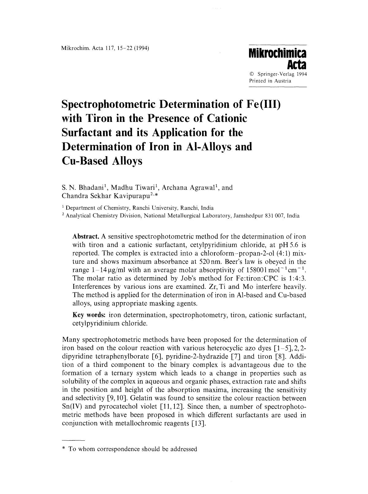 Spectrophotometric determination of Fe(III) with tiron in the presence of cationic surfactant and its application for the determination of iron in Al-alloys and Cu-based alloys by Unknown