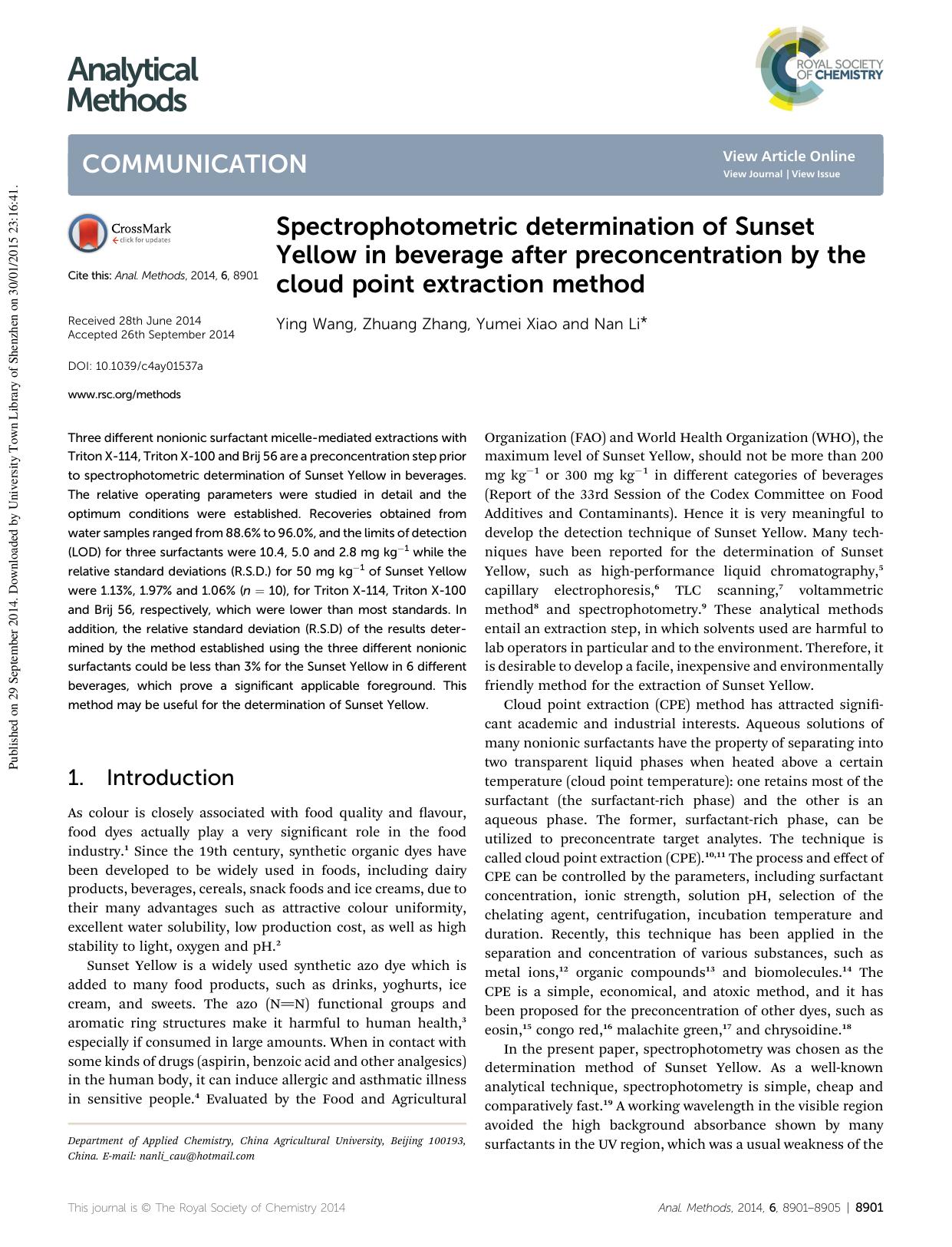 Spectrophotometric determination of Sunset Yellow in beverage after preconcentration by the cloud point extraction method by Ying Wang & Zhuang Zhang & Yumei Xiao & Nan Li