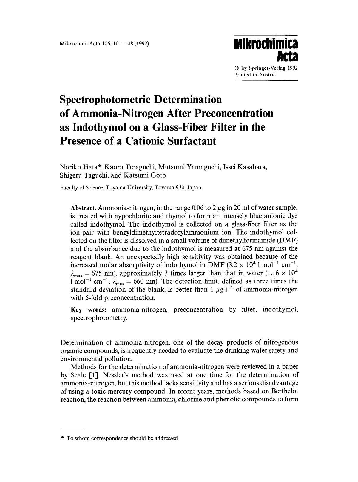 Spectrophotometric determination of ammonia-nitrogen after preconcentration as indothymol on a glass-fiber filter in the presence of a cationic surfactant by Unknown