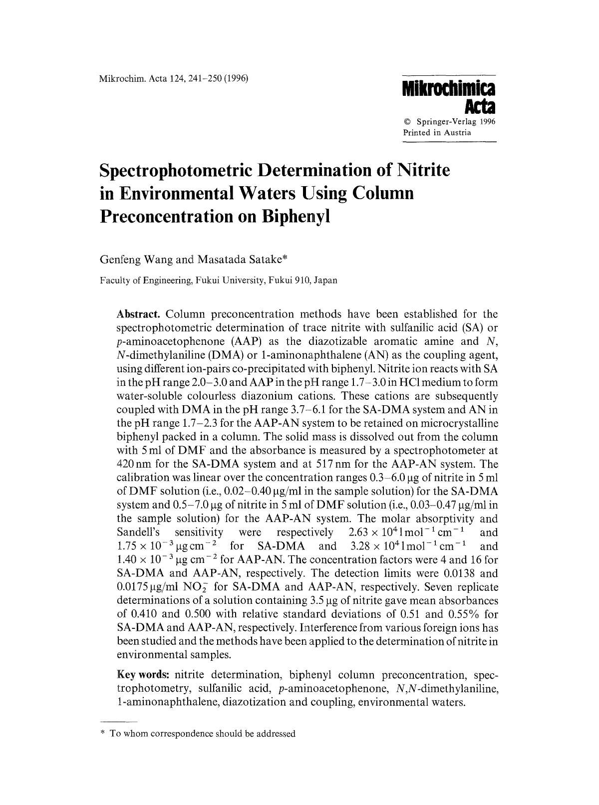 Spectrophotometric determination of nitrite in environmental waters using column preconcentration on biphenyl by Unknown