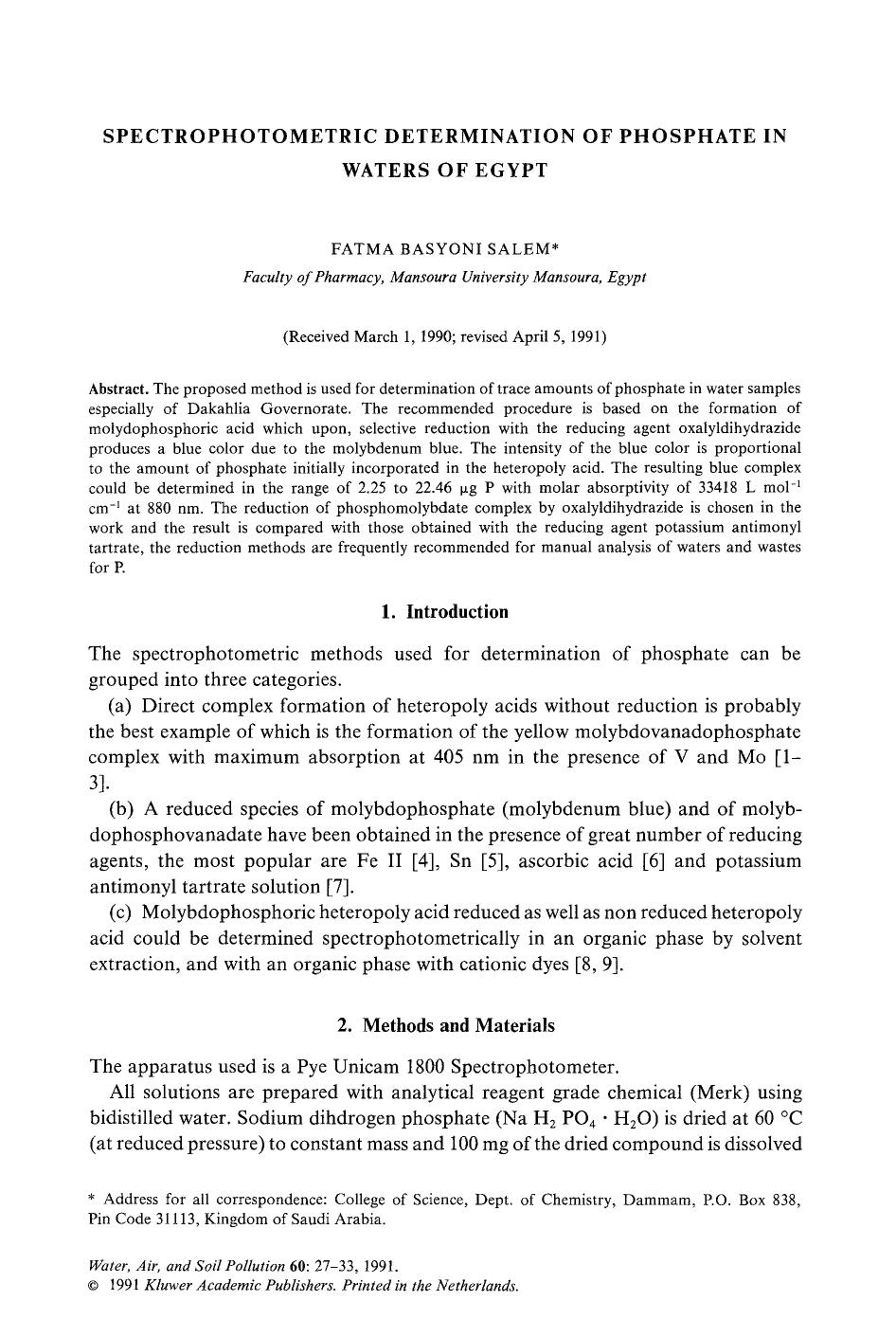 Spectrophotometric determination of phosphate in waters of Egypt by Unknown