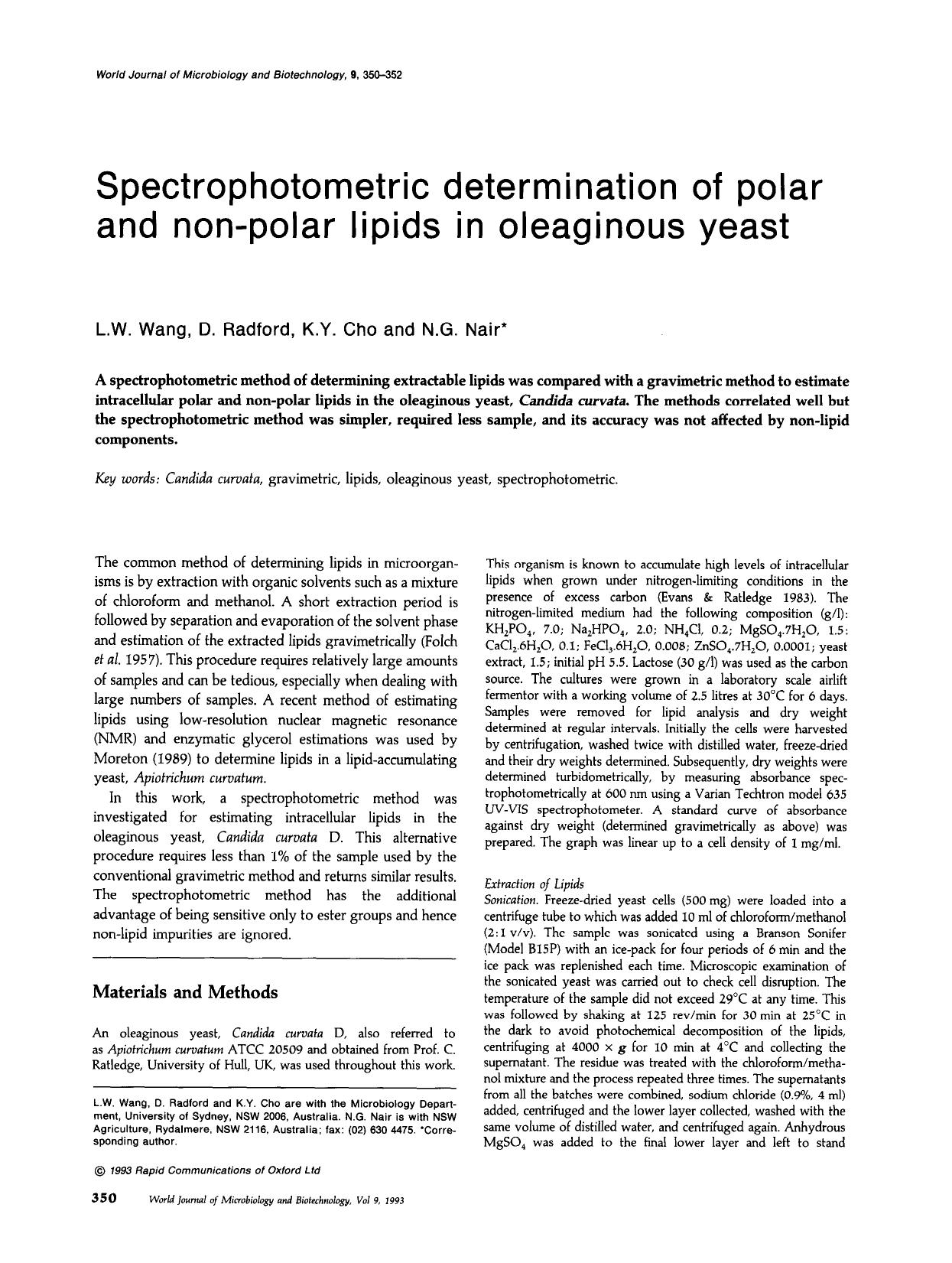 Spectrophotometric determination of polar and non-polar lipids in oleaginous yeast by Unknown