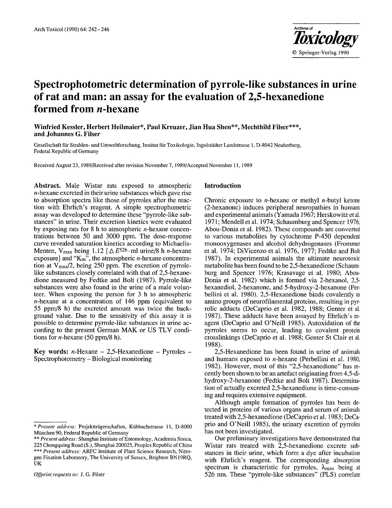 Spectrophotometric determination of pyrrole-like substances in urine of rat and man: An assay for the evaluation of 2,5-hexanedione formed from <Emphasis Type="Italic">n <Emphasis>-hexane by Unknown