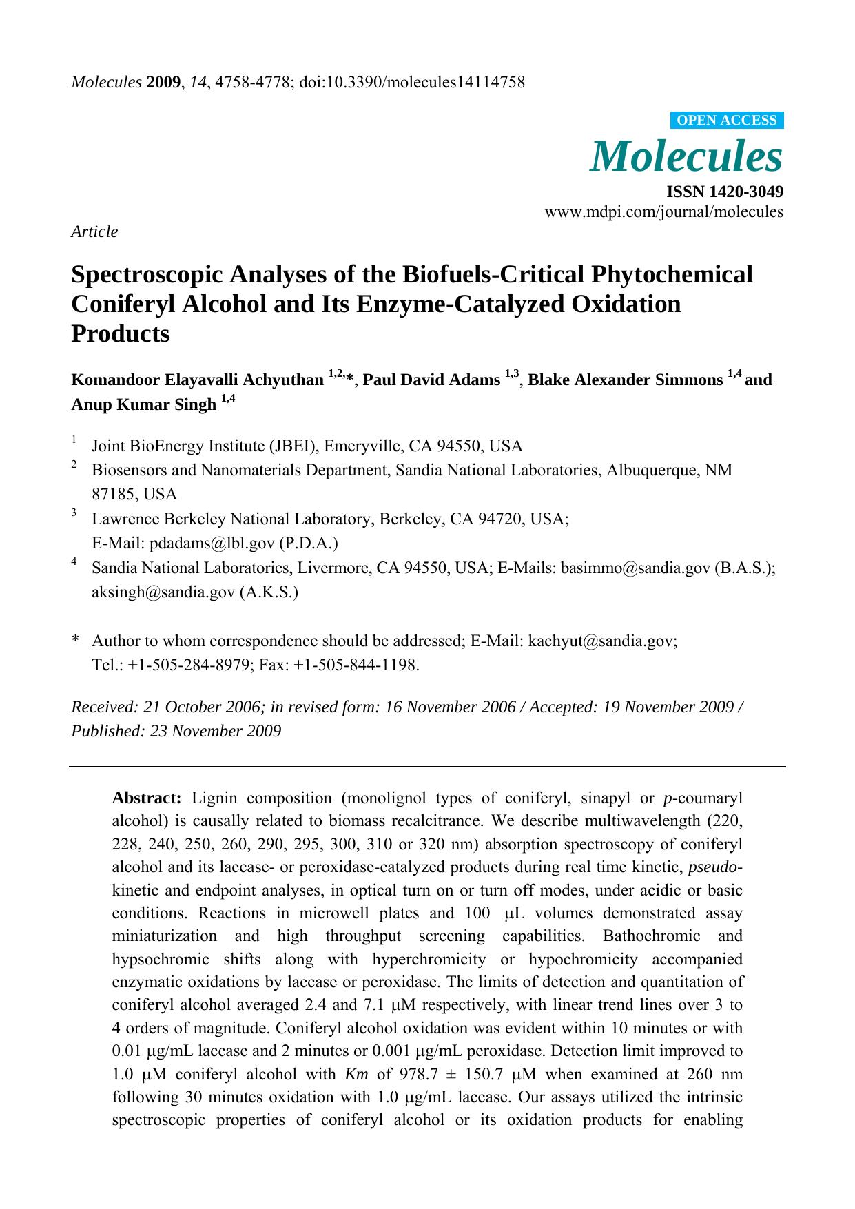 Spectroscopic Analyses of the Biofuels-Critical Phytochemical Coniferyl Alcohol and Its Enzyme-Catalyzed Oxidation Products by Komandoor Elayavalli Achyuthan & Paul David Adams & Blake Alexander Simmons & Anup Kumar Singh
