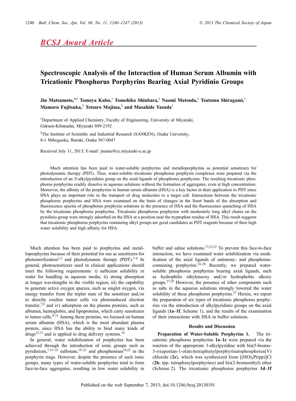 Spectroscopic Analysis of the Interaction of Human Serum Albumin with Tricationic Phosphorus Porphyrins Bearing Axial Pyridinio Groups by unknow