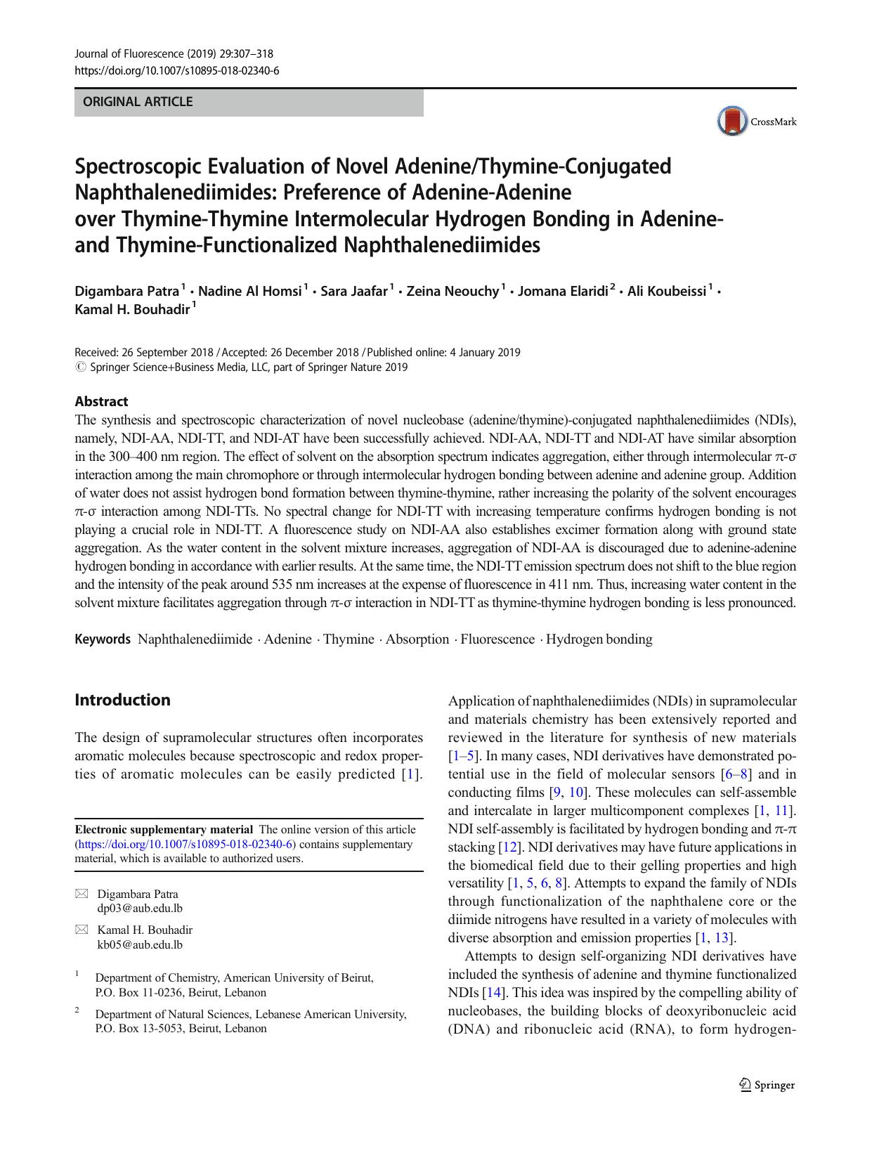 Spectroscopic Evaluation of Novel AdenineThymine-Conjugated Naphthalenediimides: Preference of Adenine-Adenine over Thymine-Thymine Intermolecular Hydrogen Bonding in Adenine- and by unknow